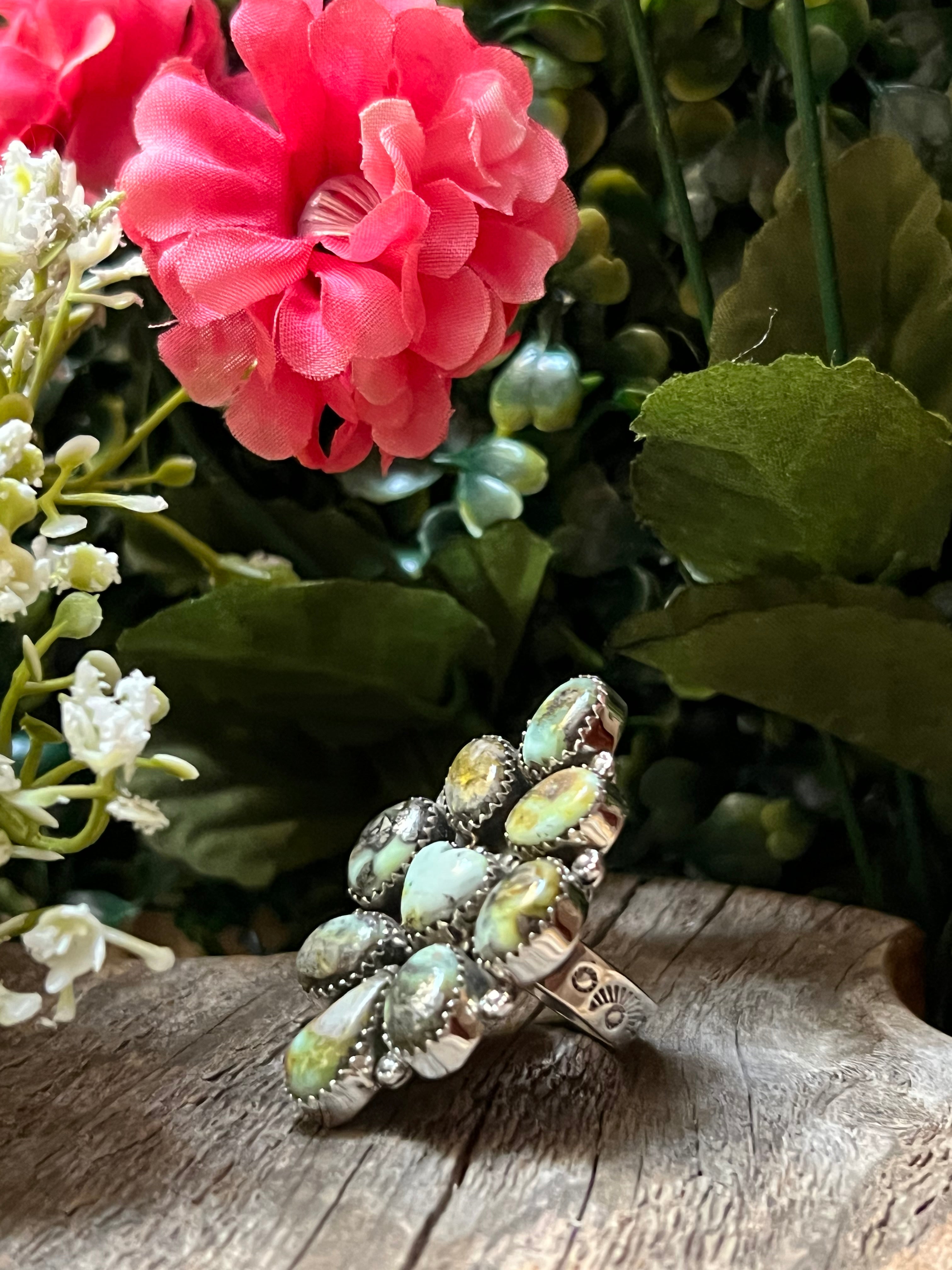 Handmade Palomino Turquoise Cluster Heart Sterling Silver Adjustable Ring