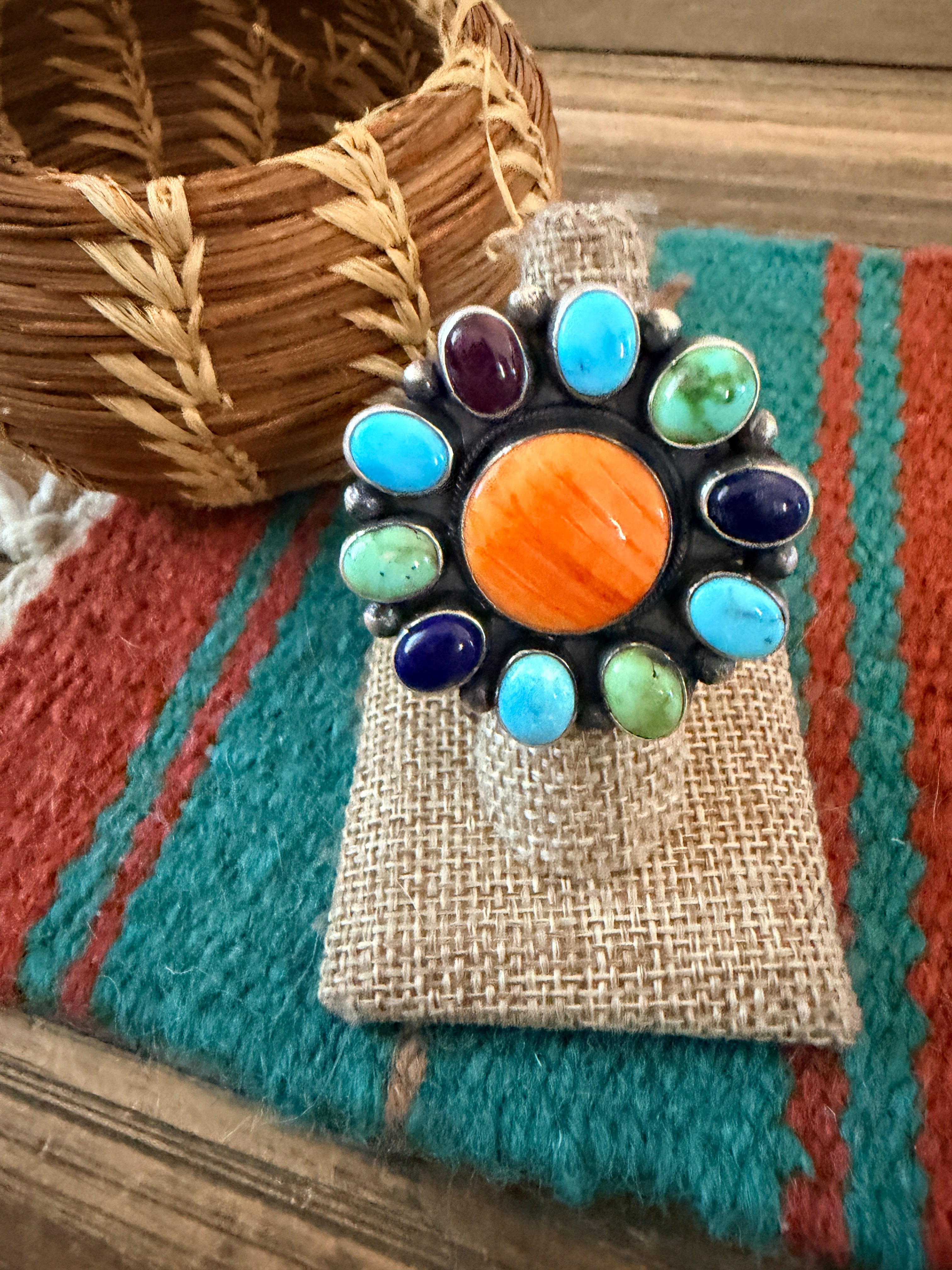 Handcrafted Multi Stone & Sterling Silver Cluster Adjustable Ring by Sheila Becenti