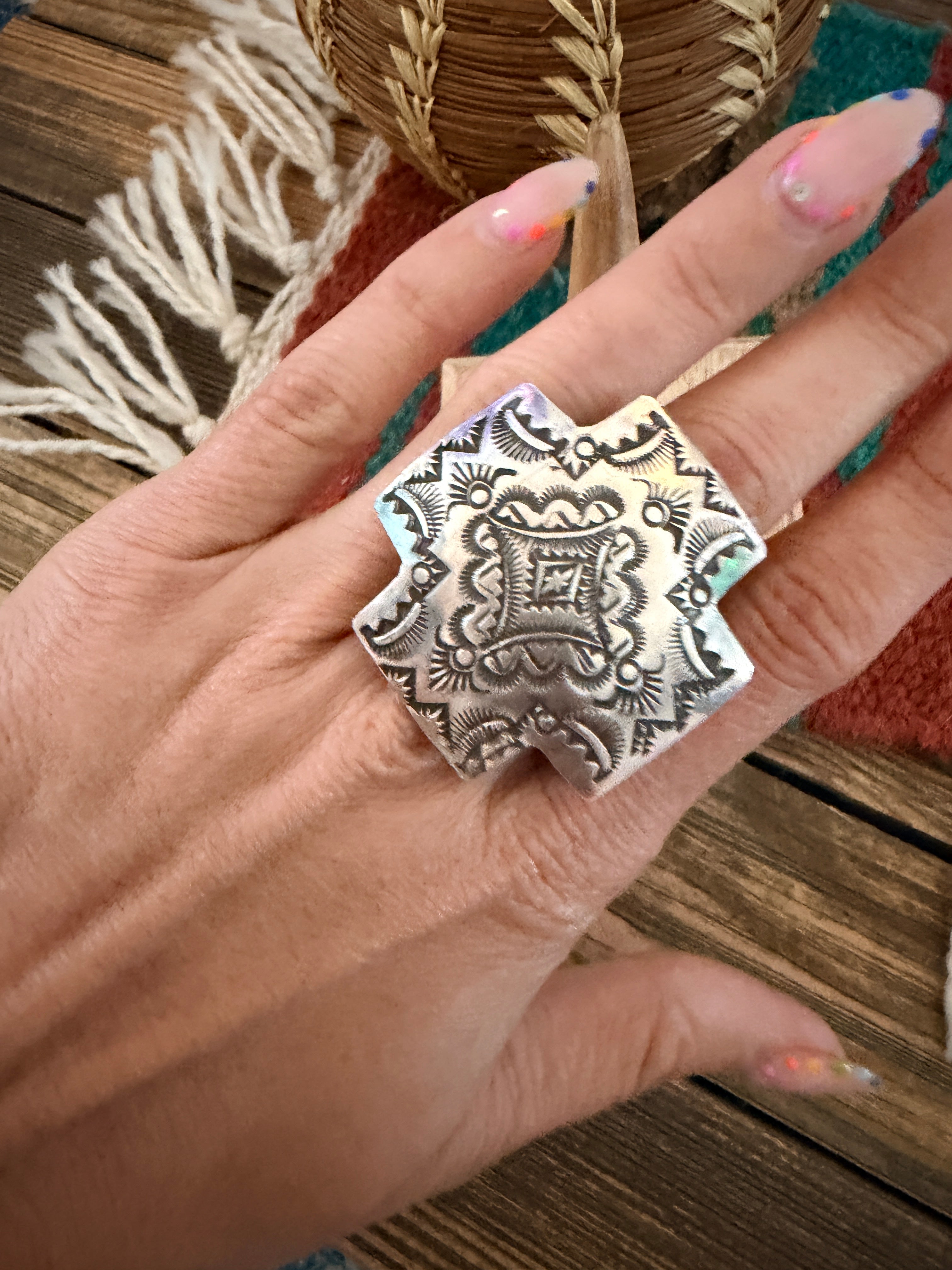 Handcrafted Sterling Silver Adjustable Cross Concho Ring by Vincent Platero