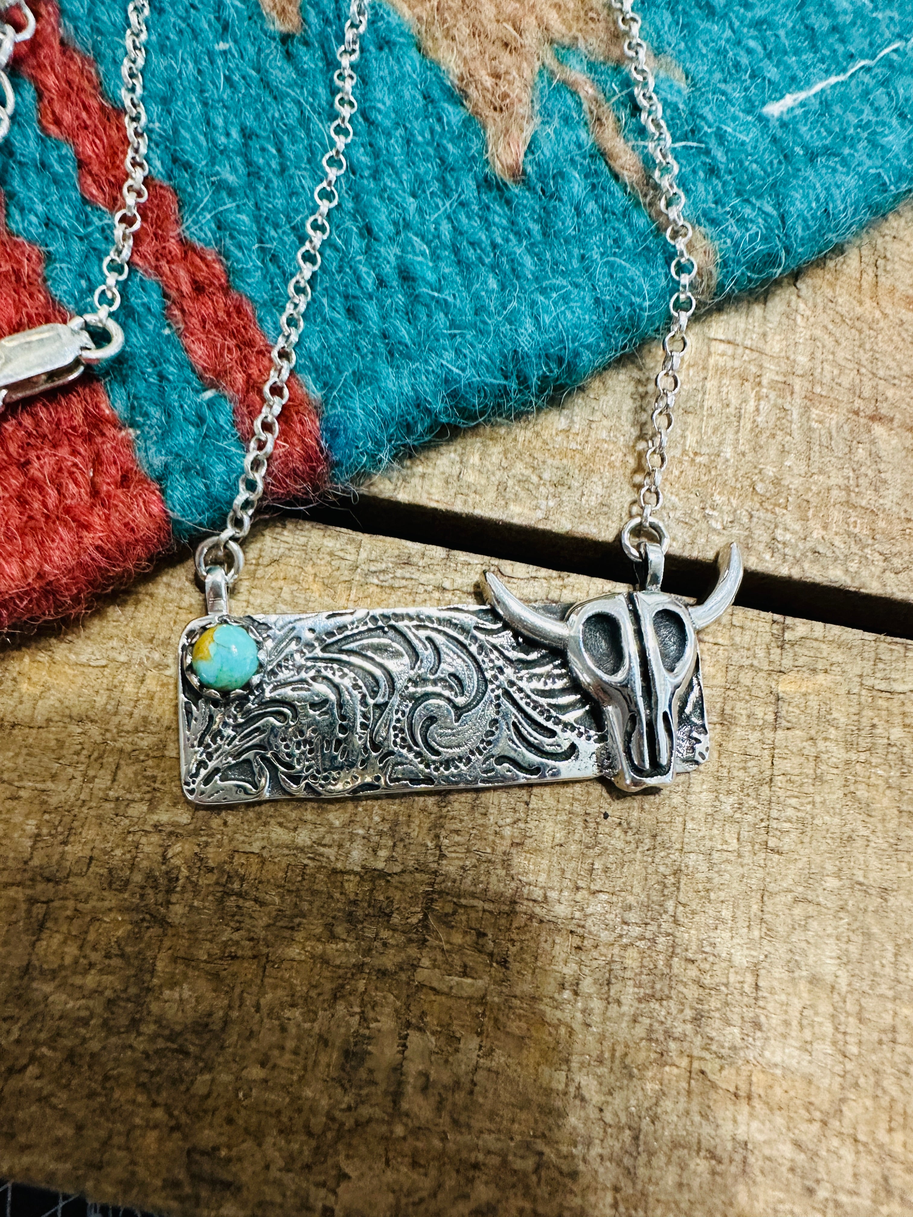 Handmade Sterling Silver & Turquoise Bullhead Bar Necklace