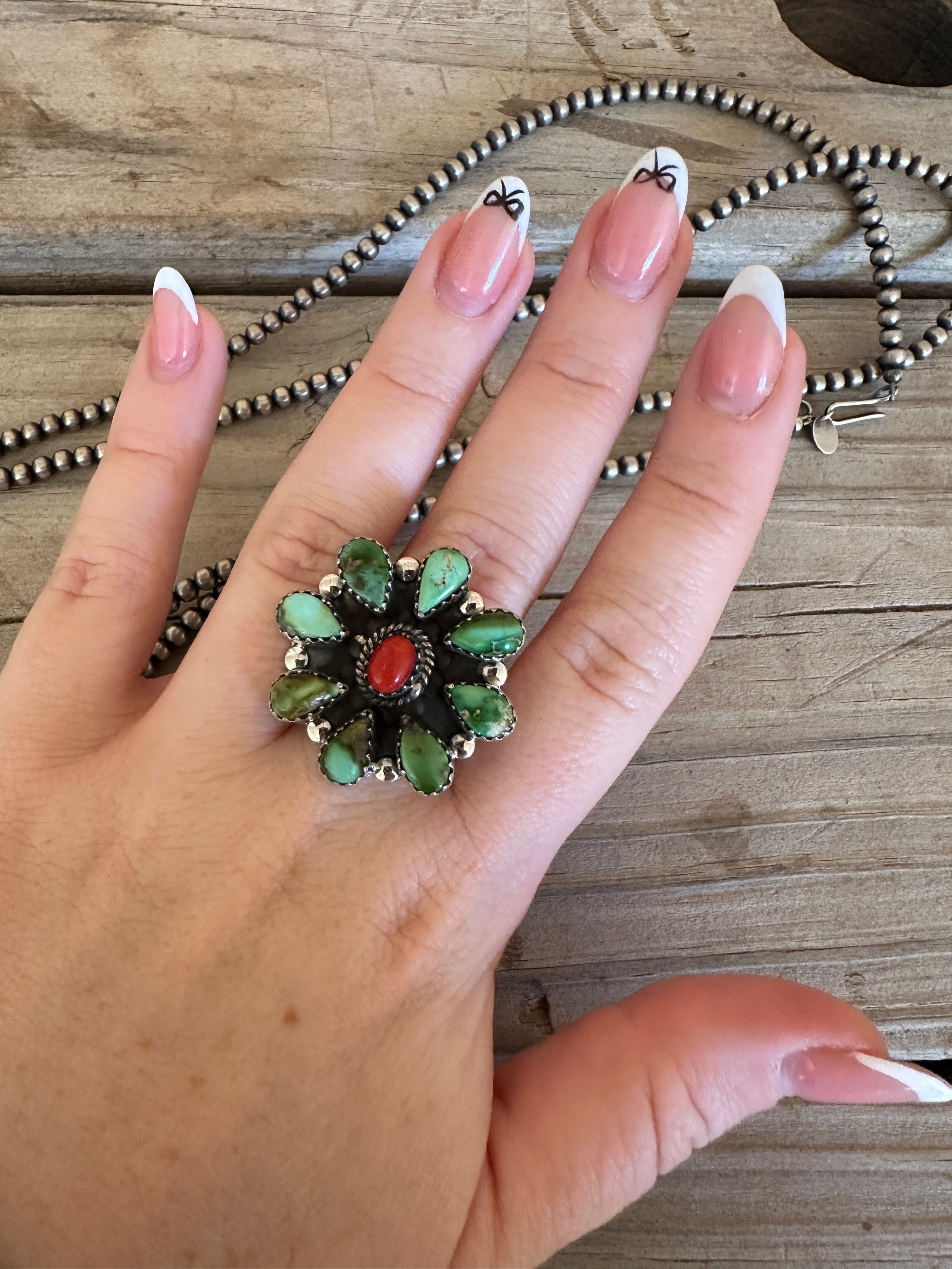 Handmade Coral, Sonoran Turquoise And Sterling Silver Adjustable Cluster Ring