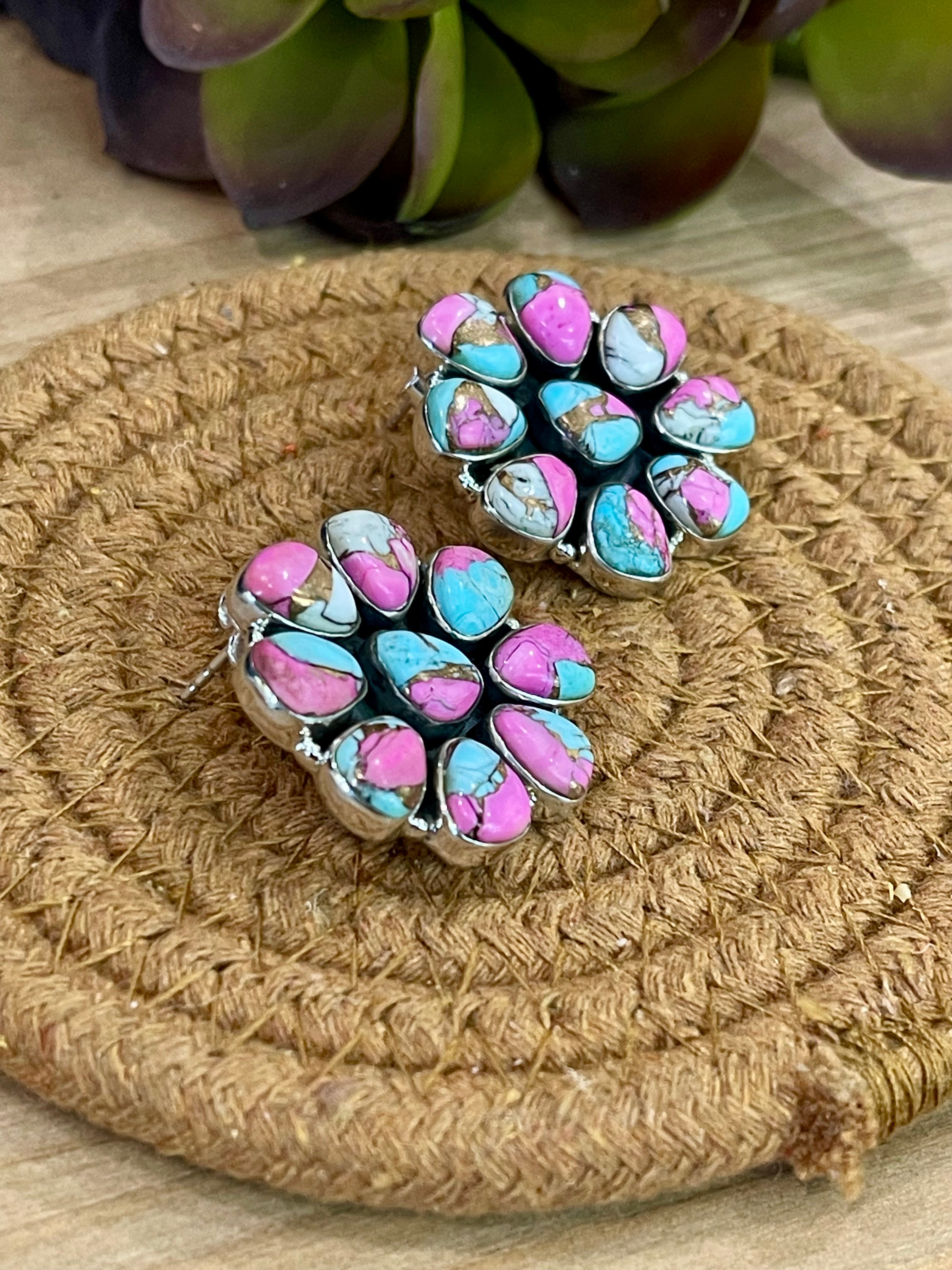 Handmade Sterling Silver Cotton Candy Turquoise Post Earrings with Signed Nizhoni