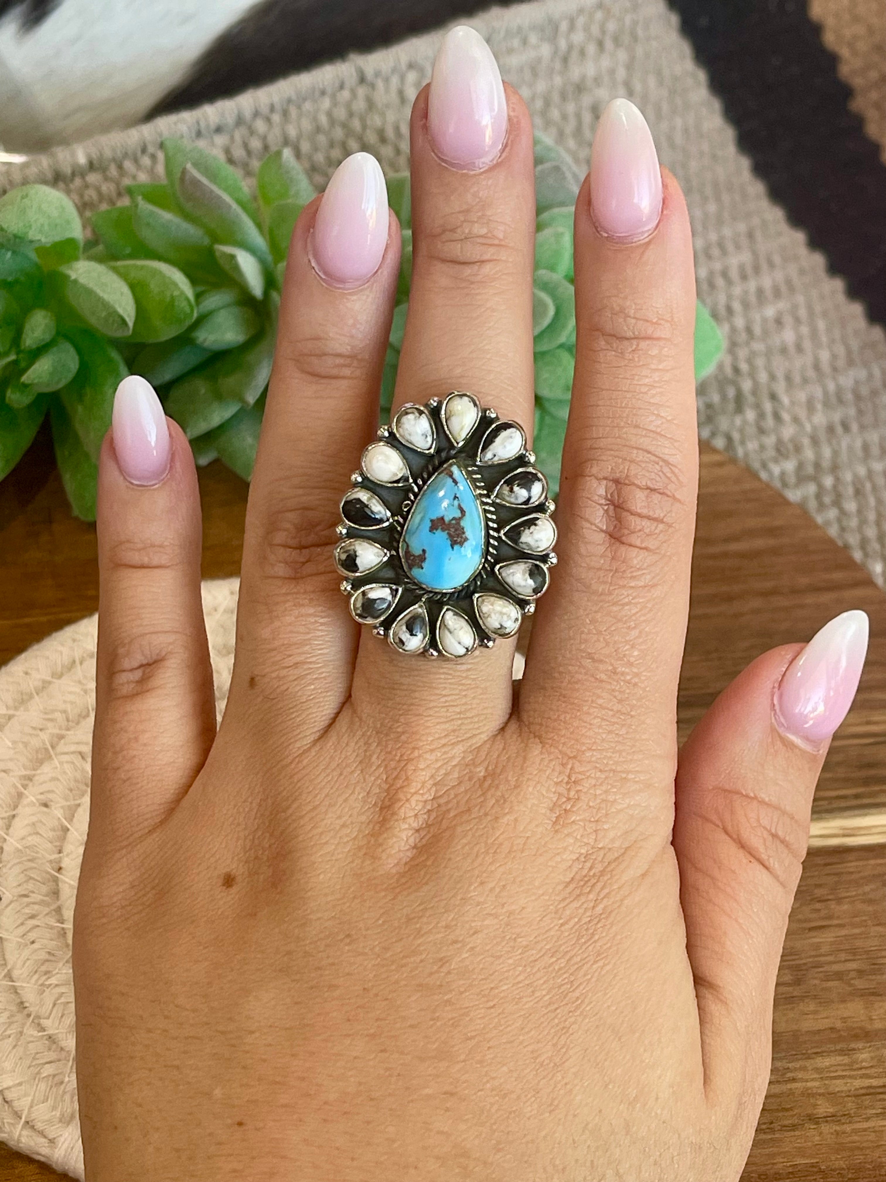 Beautiful Handmade Golden Hills, White Buffalo And Sterling Silver Adjustable Ring