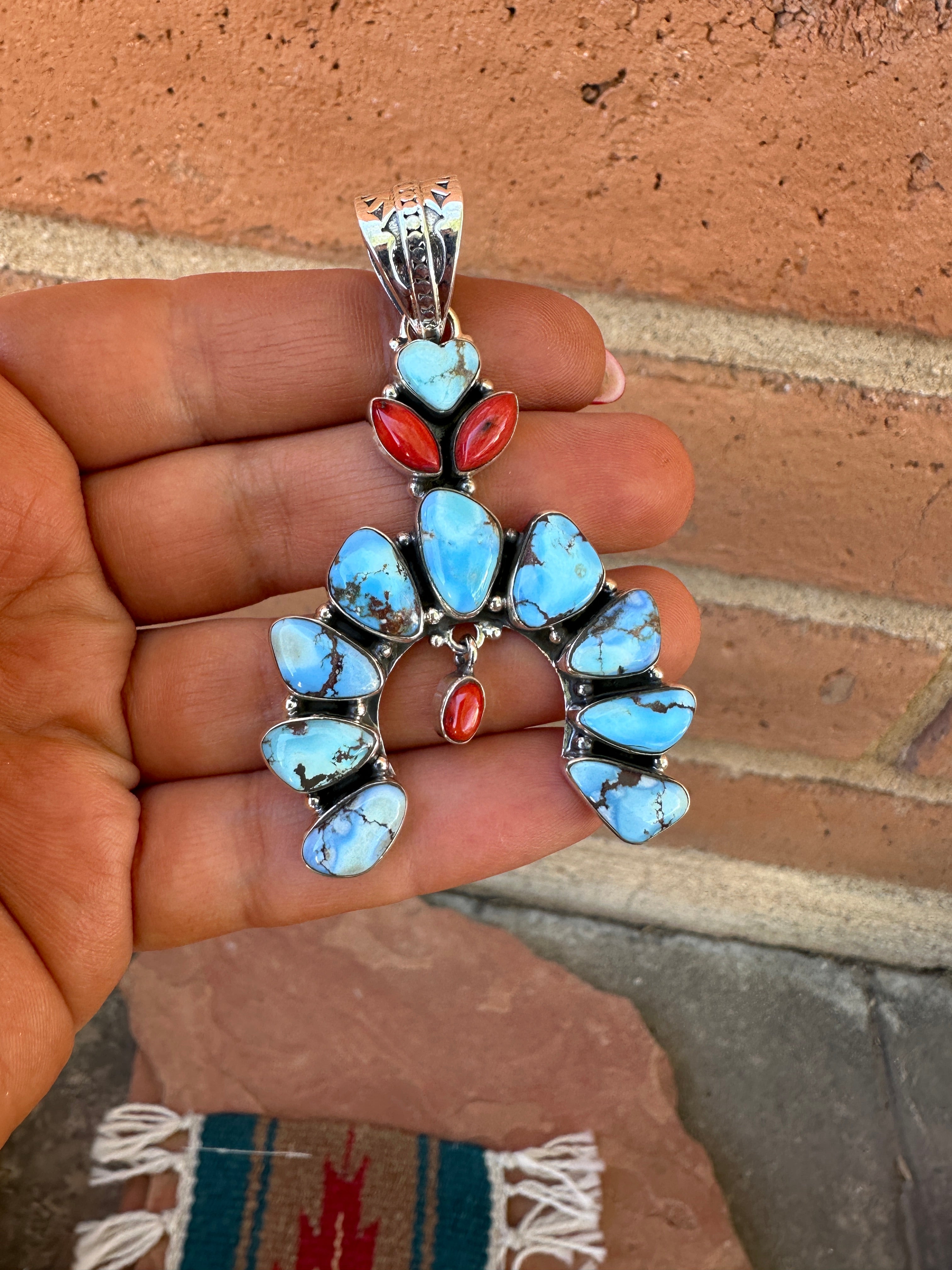 Beautiful Handmade Sterling Silver, Coral & Golden Hills Turquoise Naja Pendant