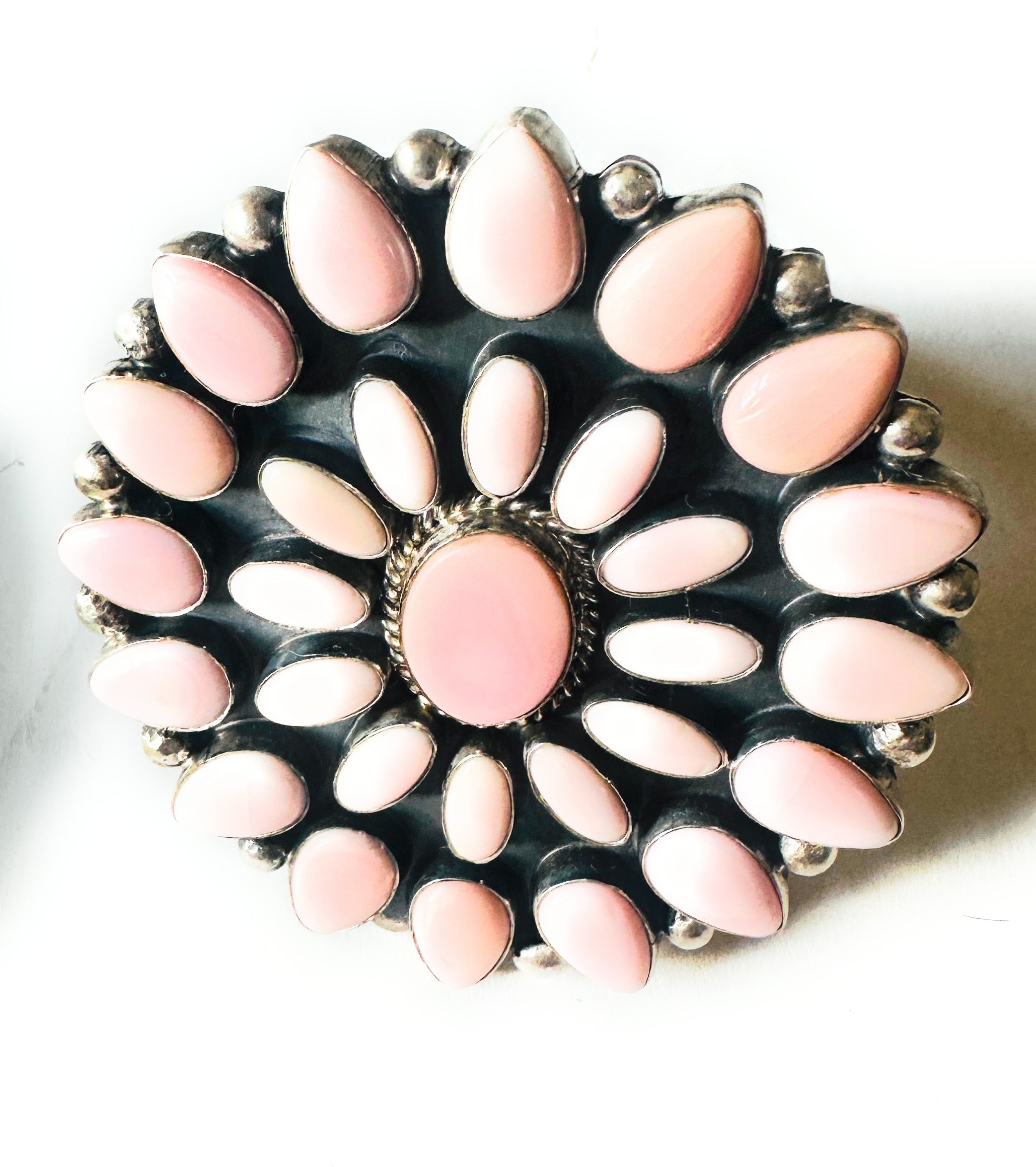 Navajo Queen Pink Conch Shell & Sterling Silver Cluster Cuff Bracelet