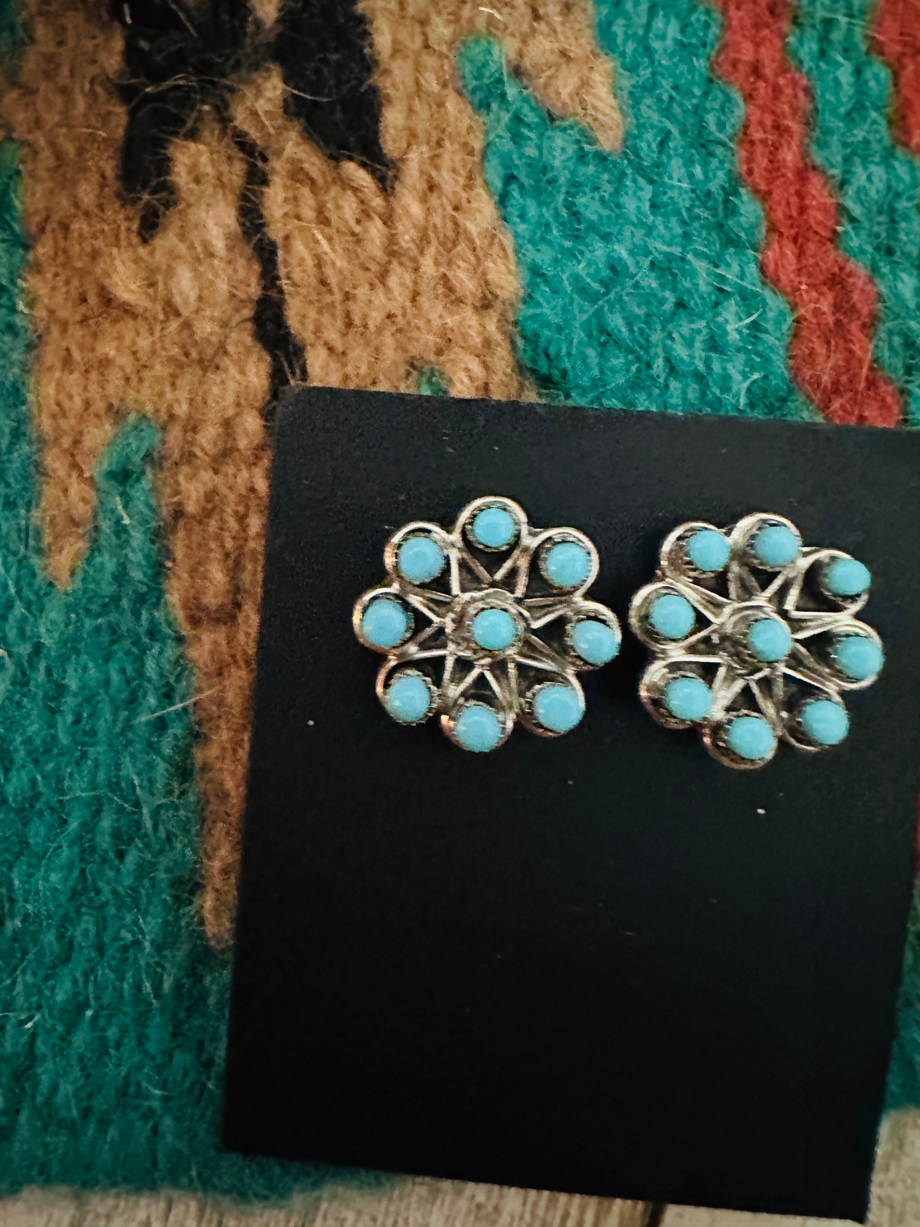 Zuni Turquoise & Sterling Silver Petit Point Stud Earrings