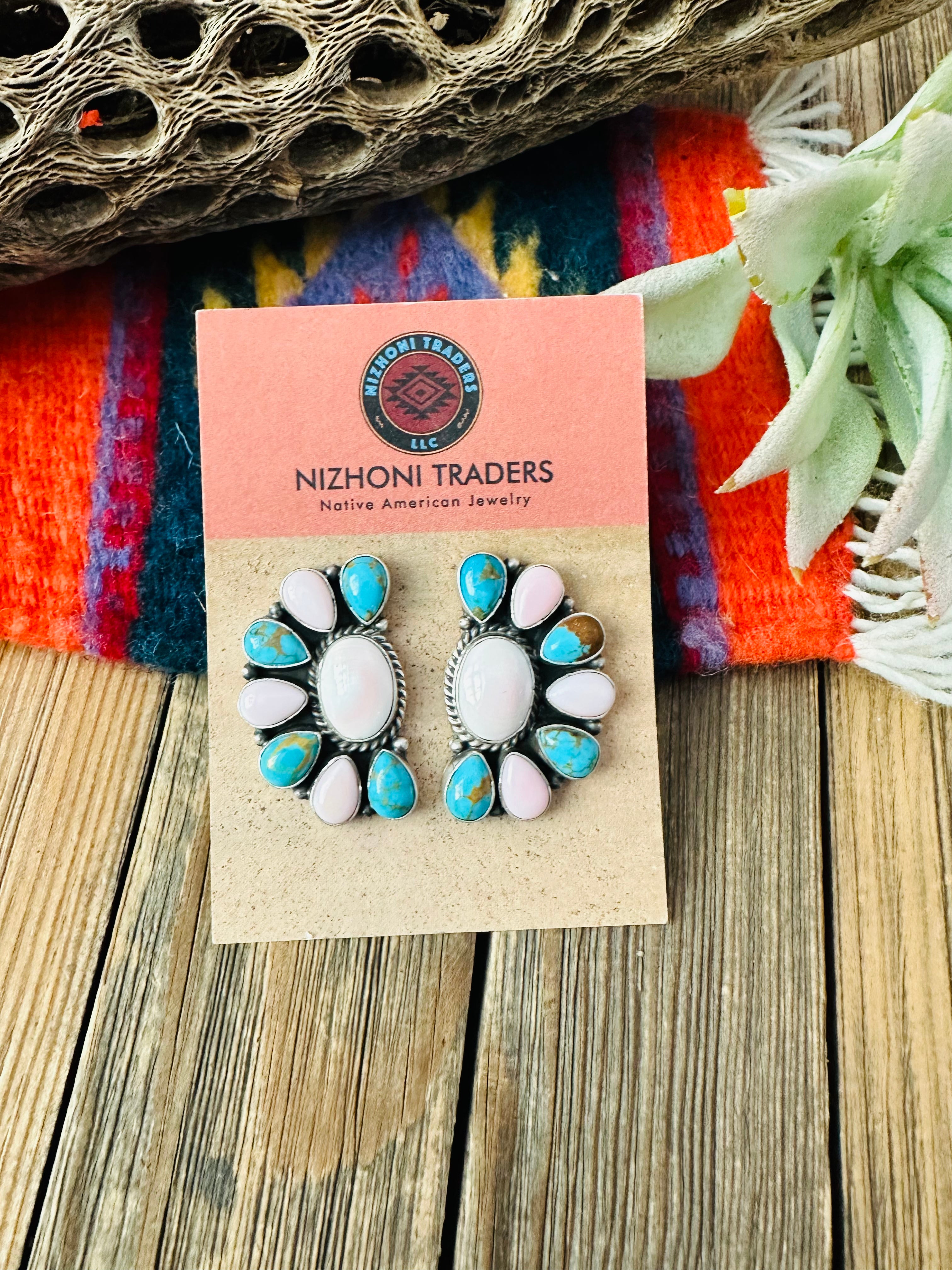 Navajo Turquoise, Queen Pink Conch & Sterling Silver Cluster Stud Earrings