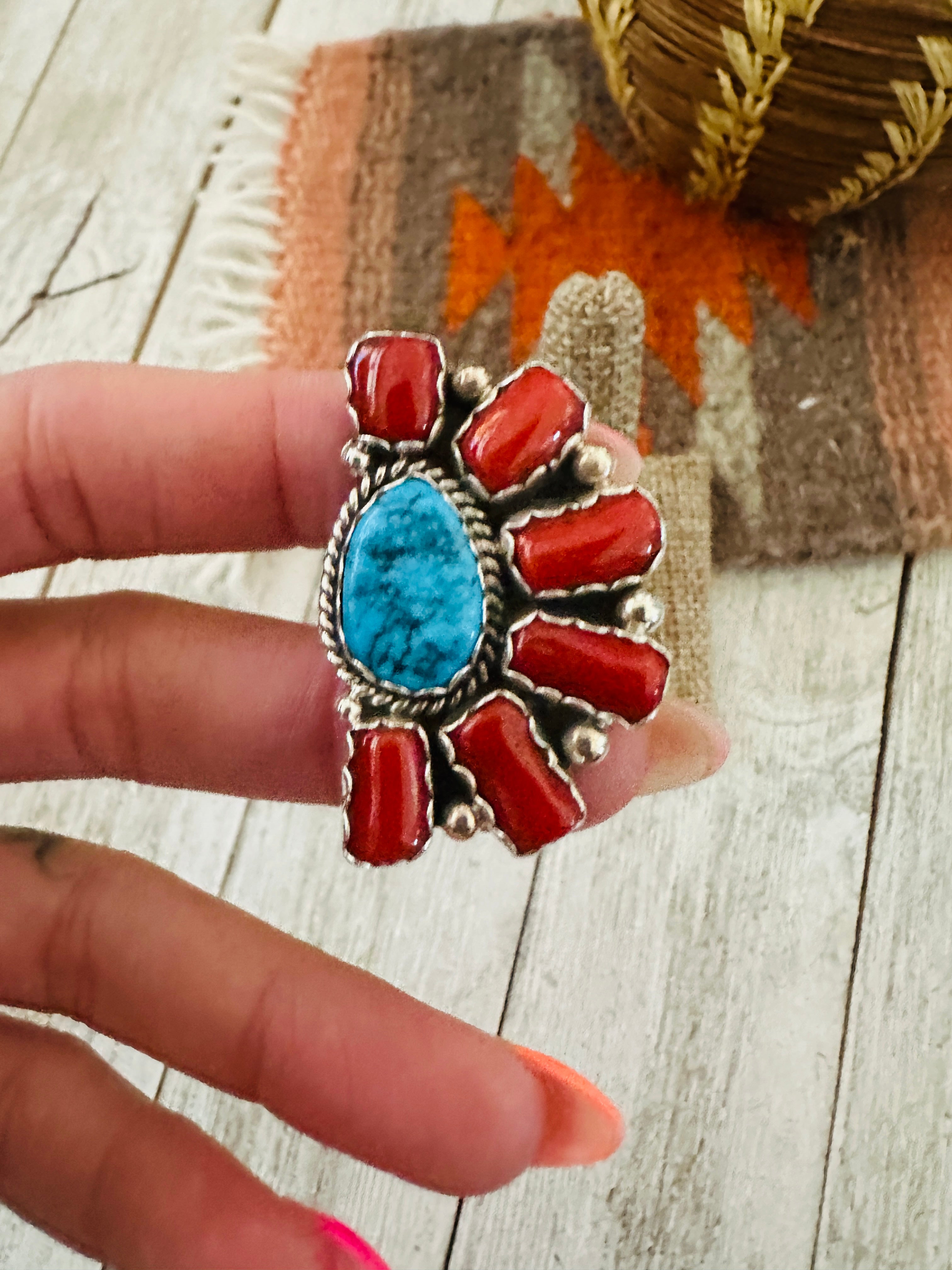 Handcrafted Turquoise, Coral & Sterling Silver Cluster Ring by Julia Etsitty