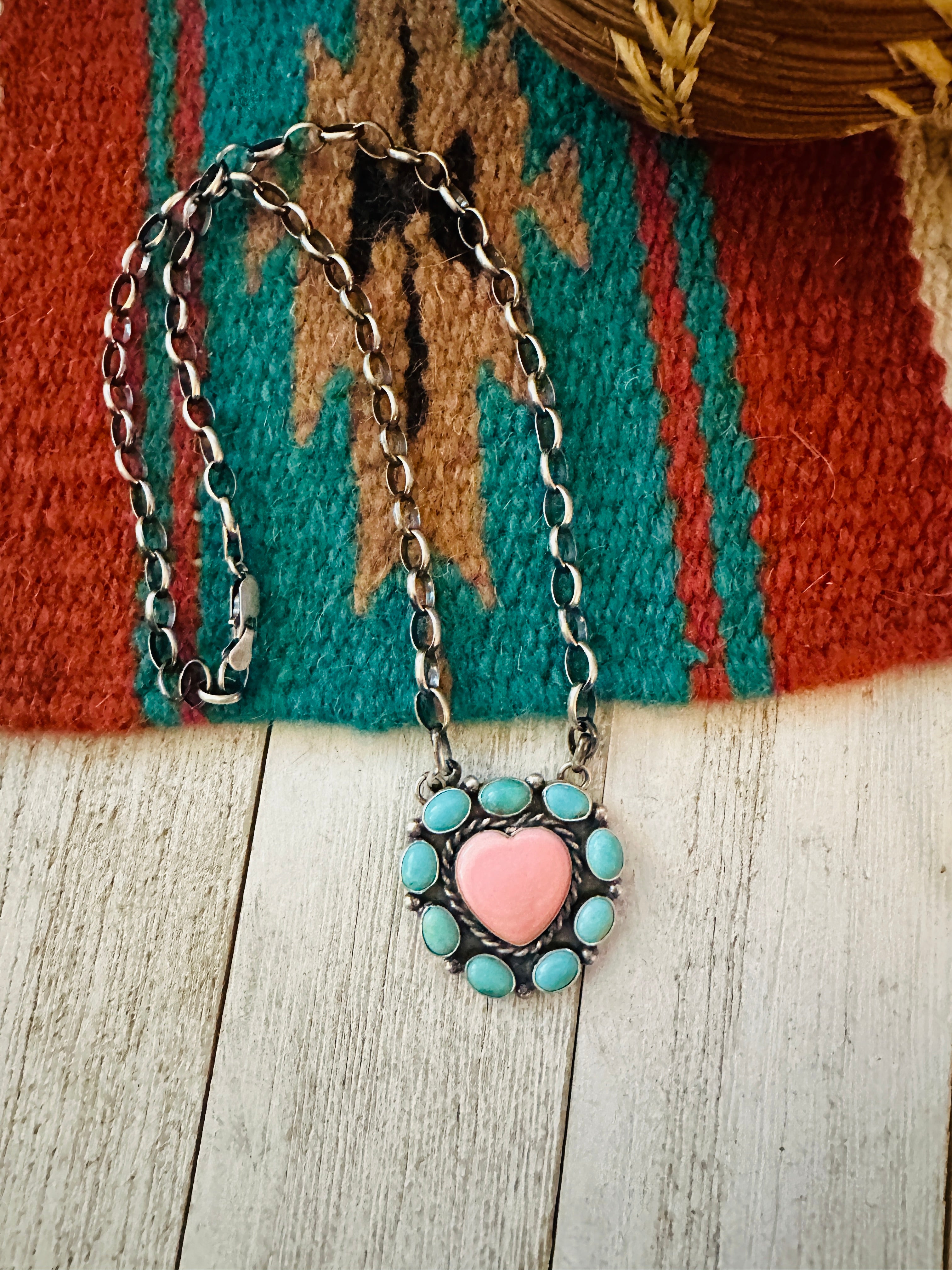 Navajo Sterling Silver, Queen Pink Conch Shell & Turquoise Necklace