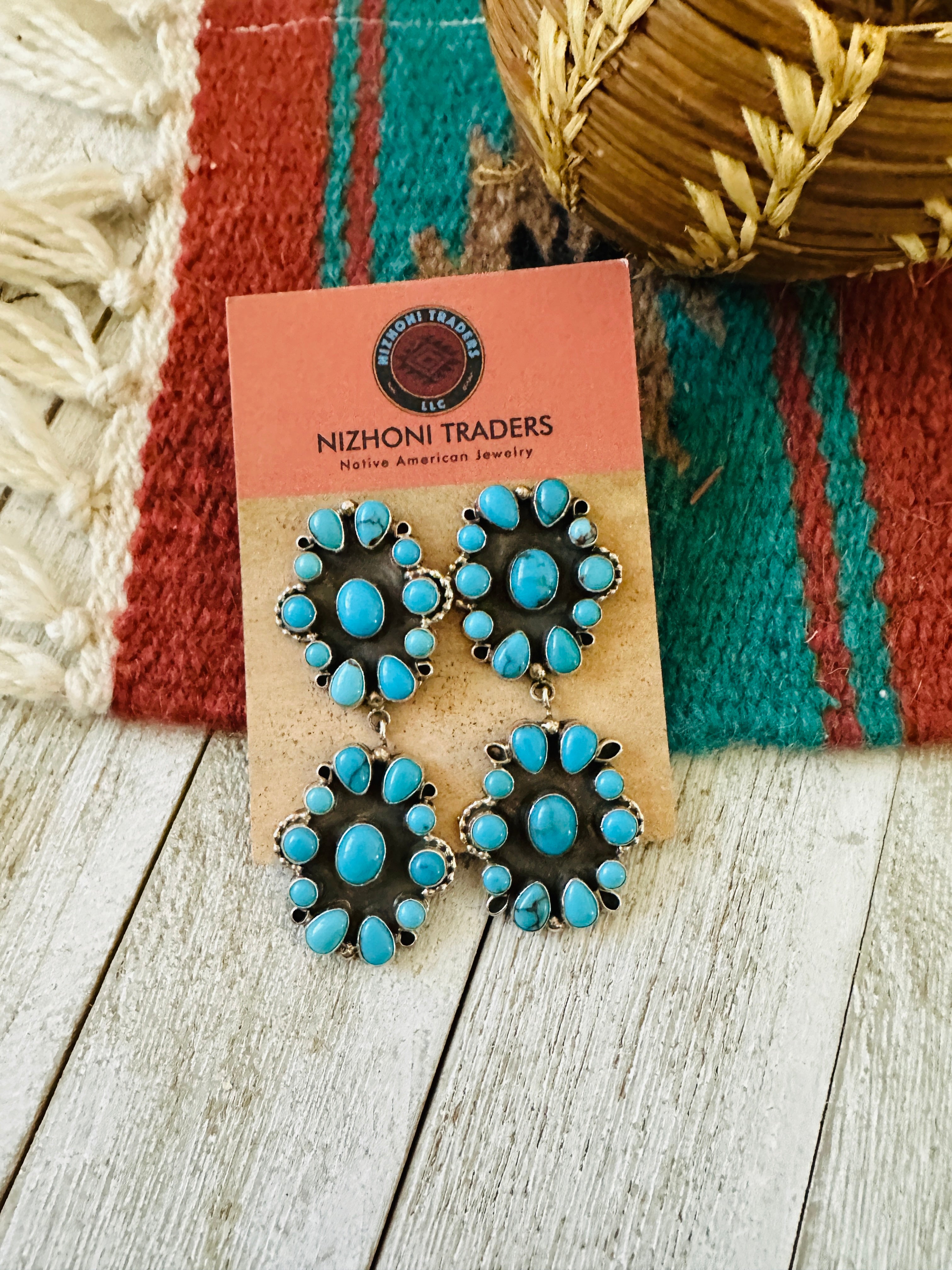 Handcrafted Sterling Silver & Sleeping Beauty Turquoise Cluster Dangle Earrings by Eula Wylie