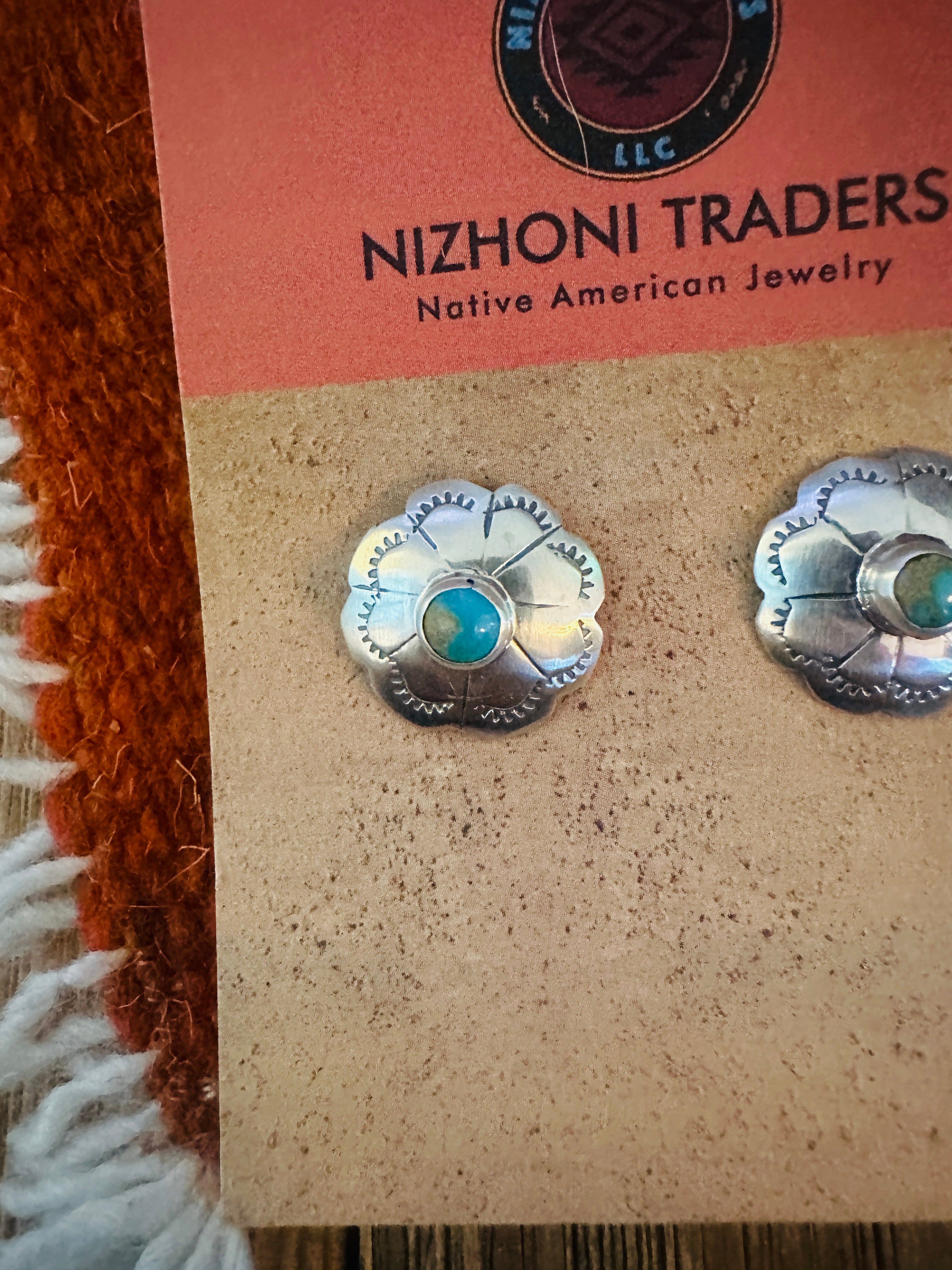 Handcrafted Sterling Silver & Turquoise Flower Concho Stud Earrings