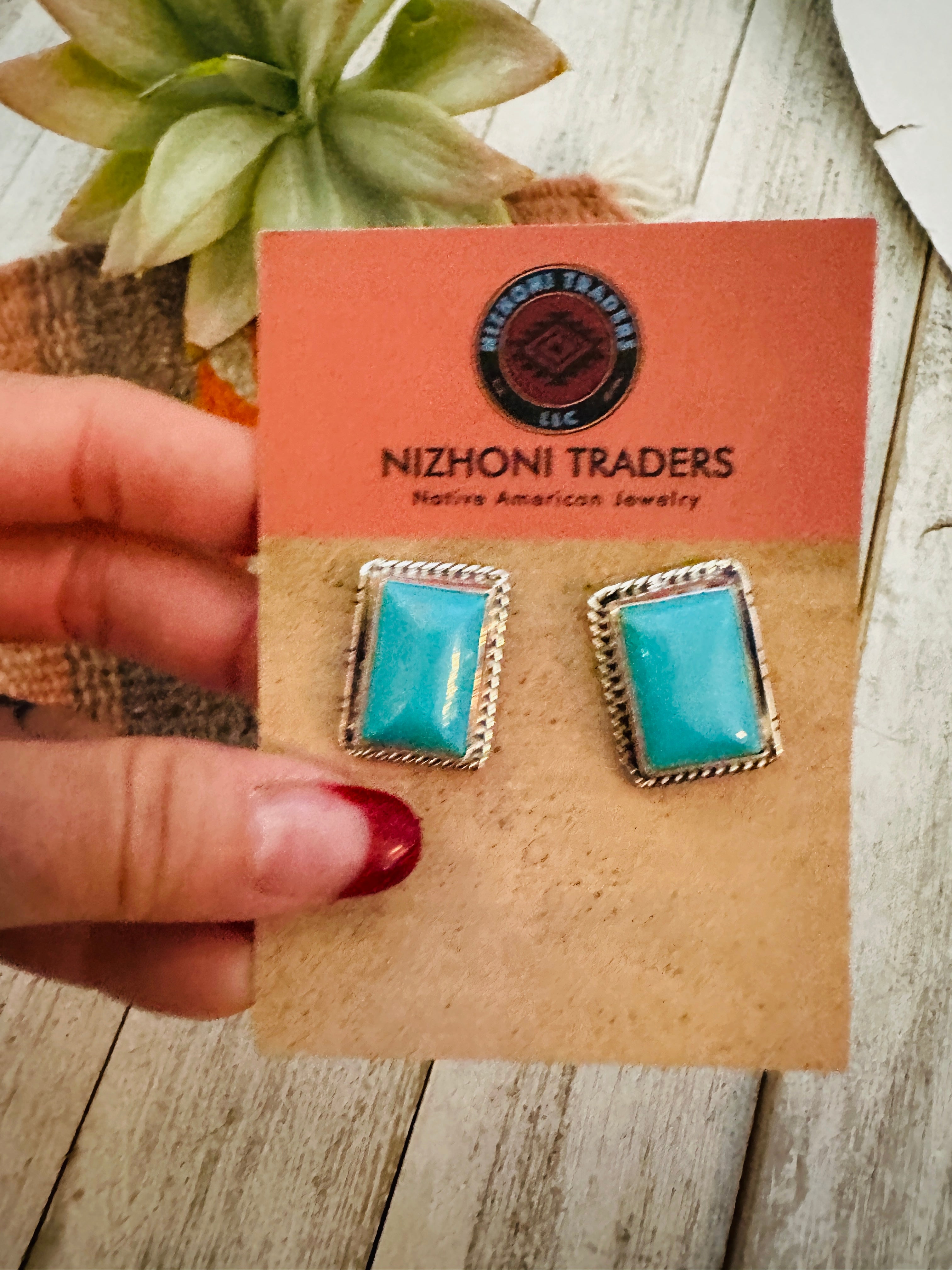 Navajo Turquoise & Sterling Silver Rectangle Post Earrings