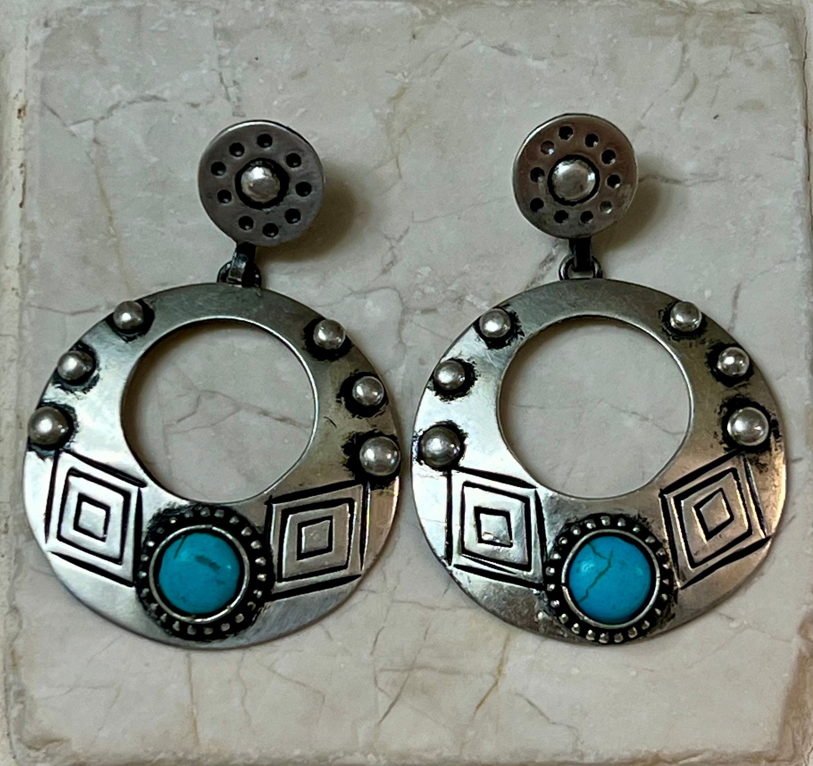 Circle-Shaped, Silver-Plated Engraved Earrings with Blue Accent