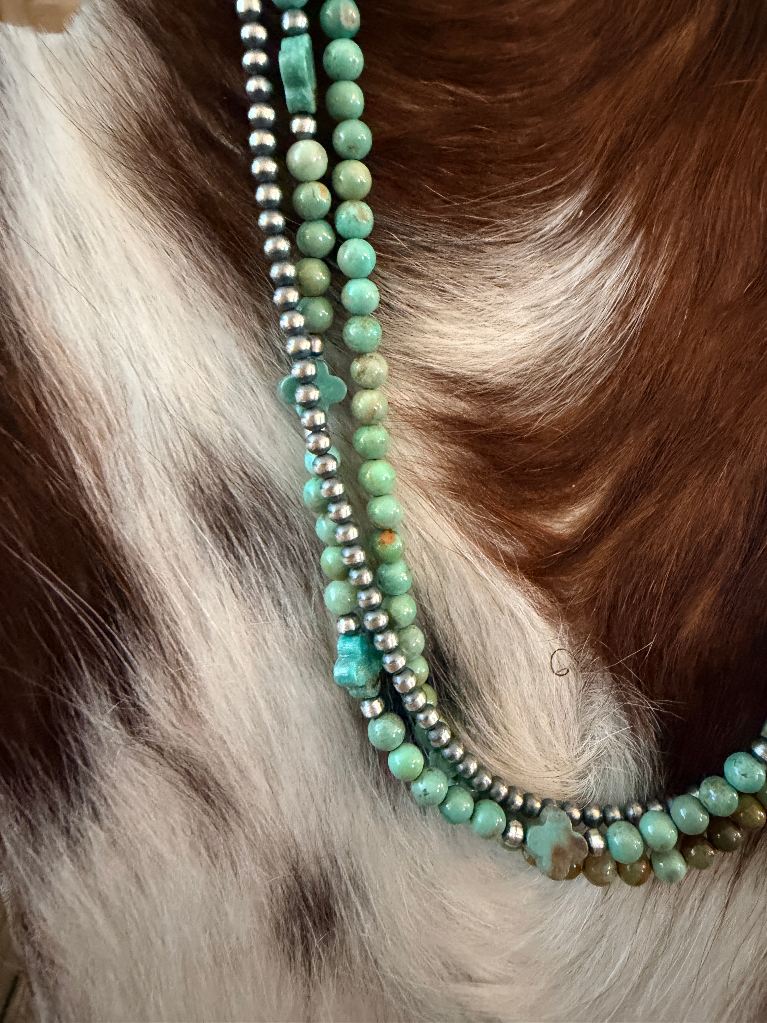 Handcrafted Turquoise and Sterling Silver Pearl Triple-Strand Beaded Necklace