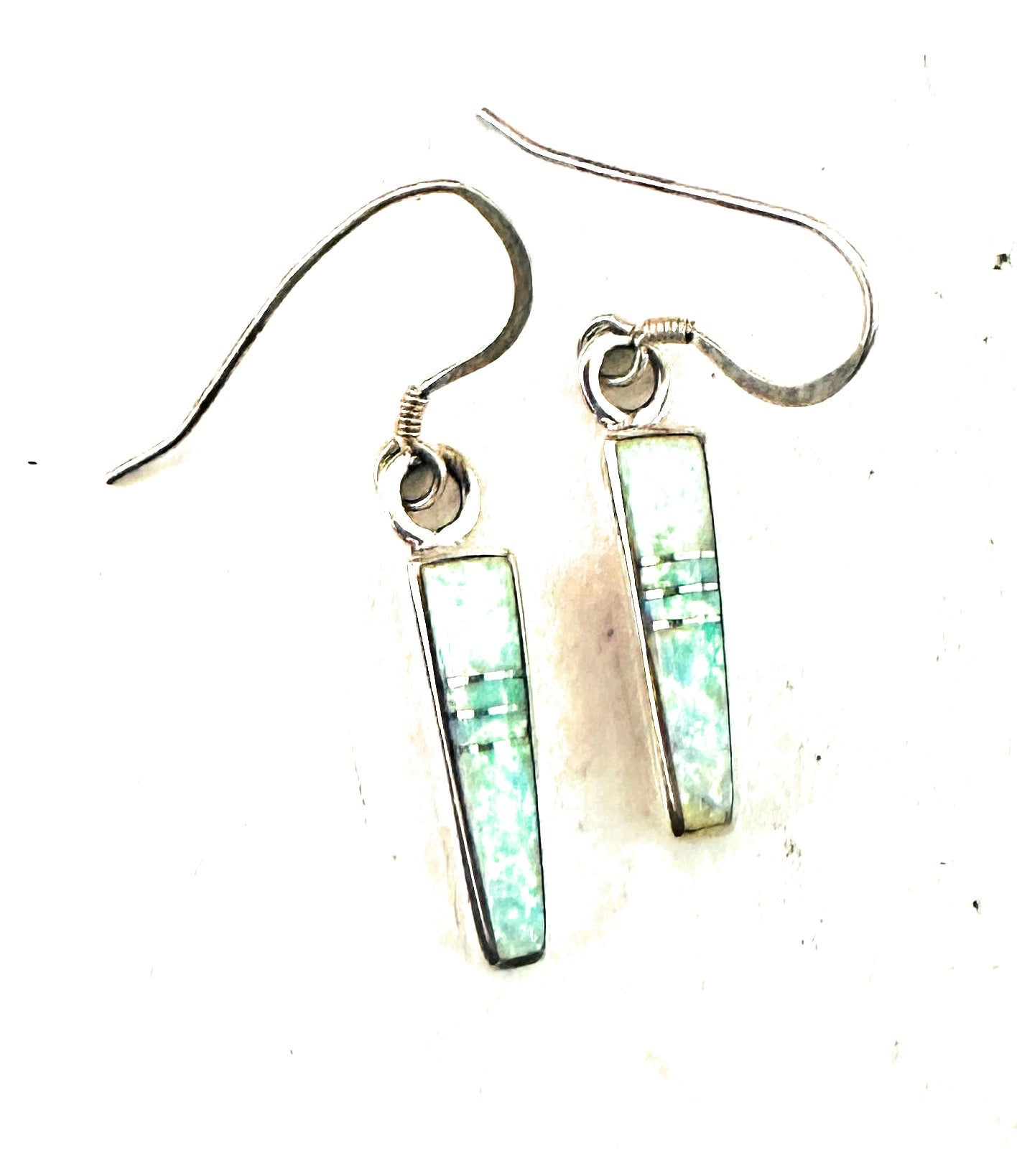 Navajo White Opal & Sterling Silver Inlay Dangle Earrings