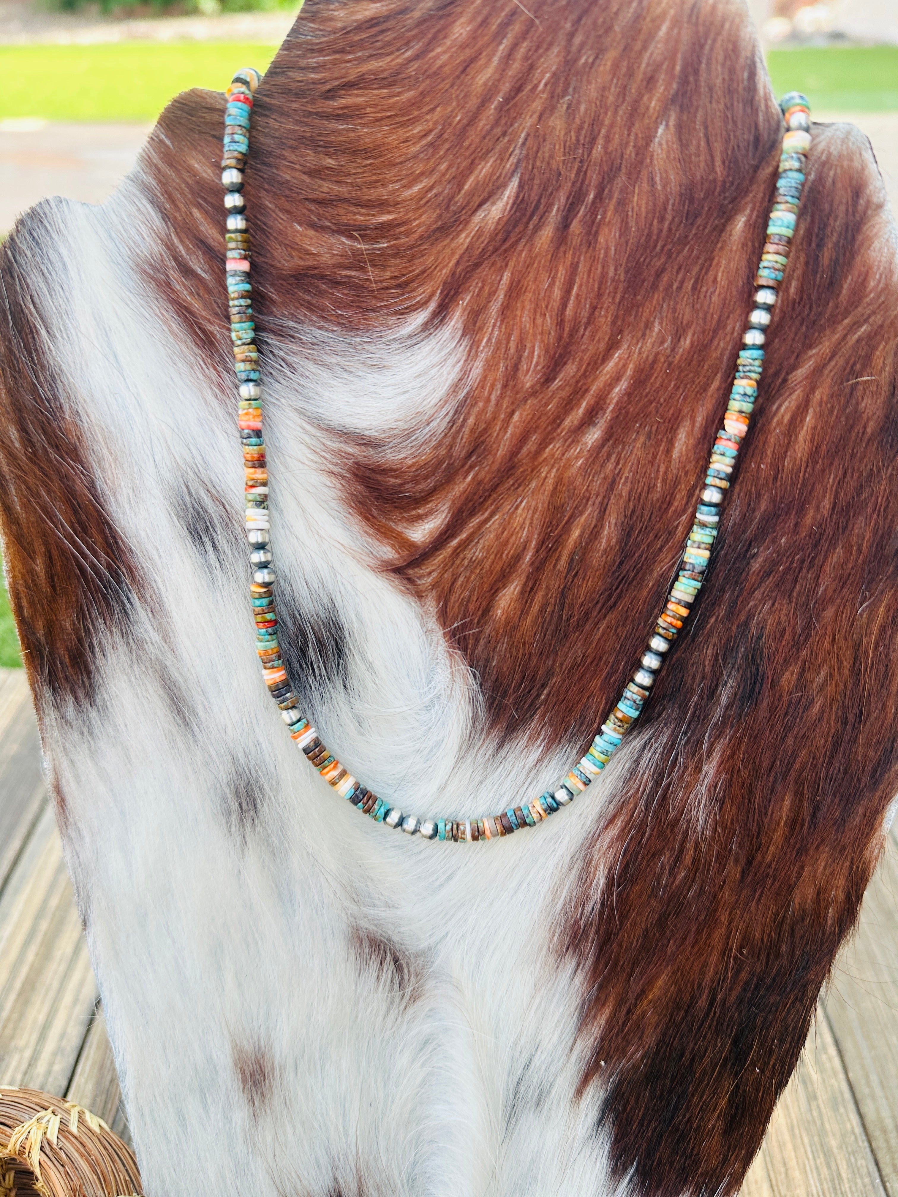 Handcrafted Turquoise, Spiny Oyster & Sterling Silver Beaded Necklace