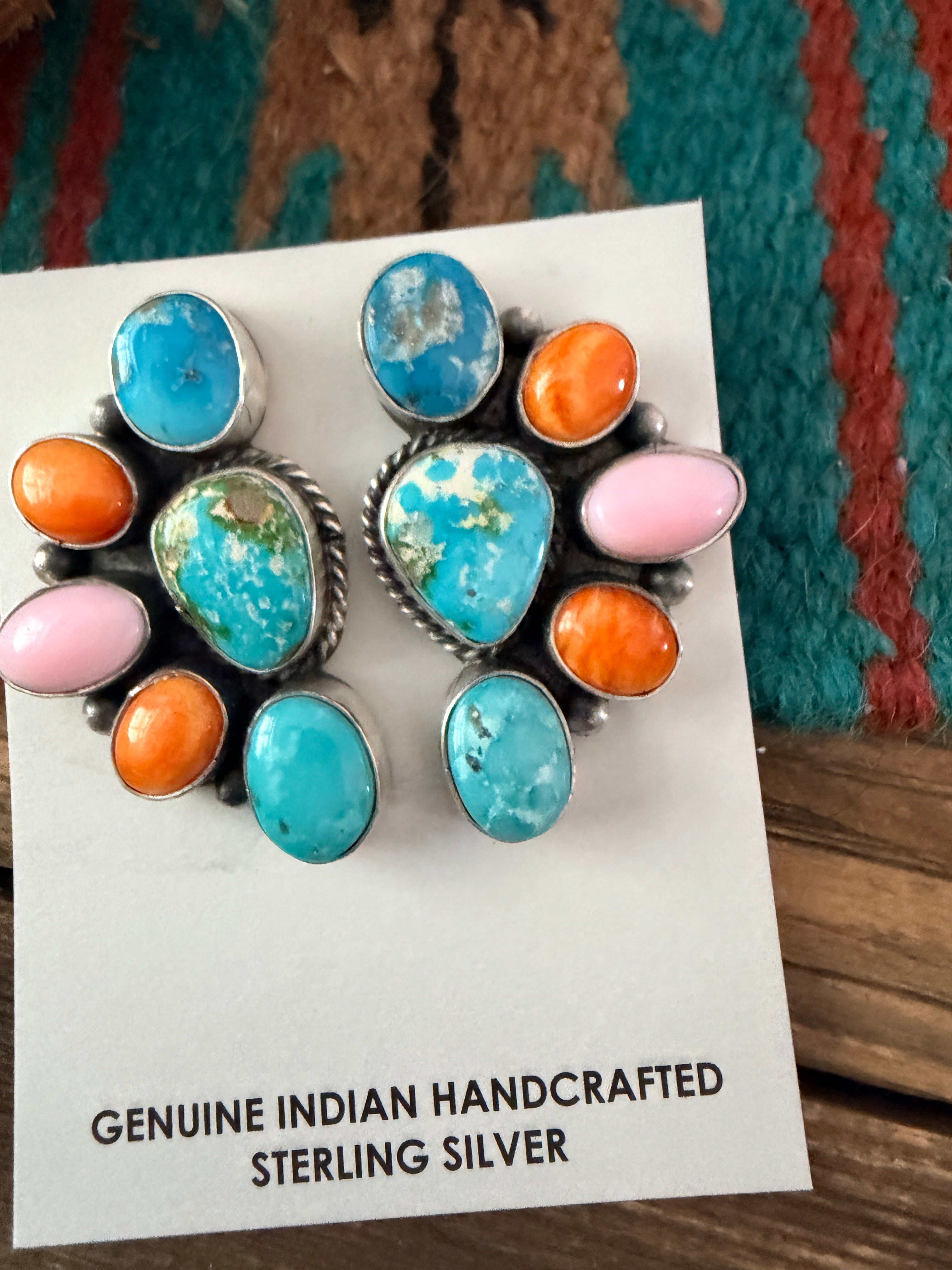 Handcrafted Turquoise, Spiny Oyster, Queen Pink Conch & Sterling Silver Post Earrings by Hiram Largo