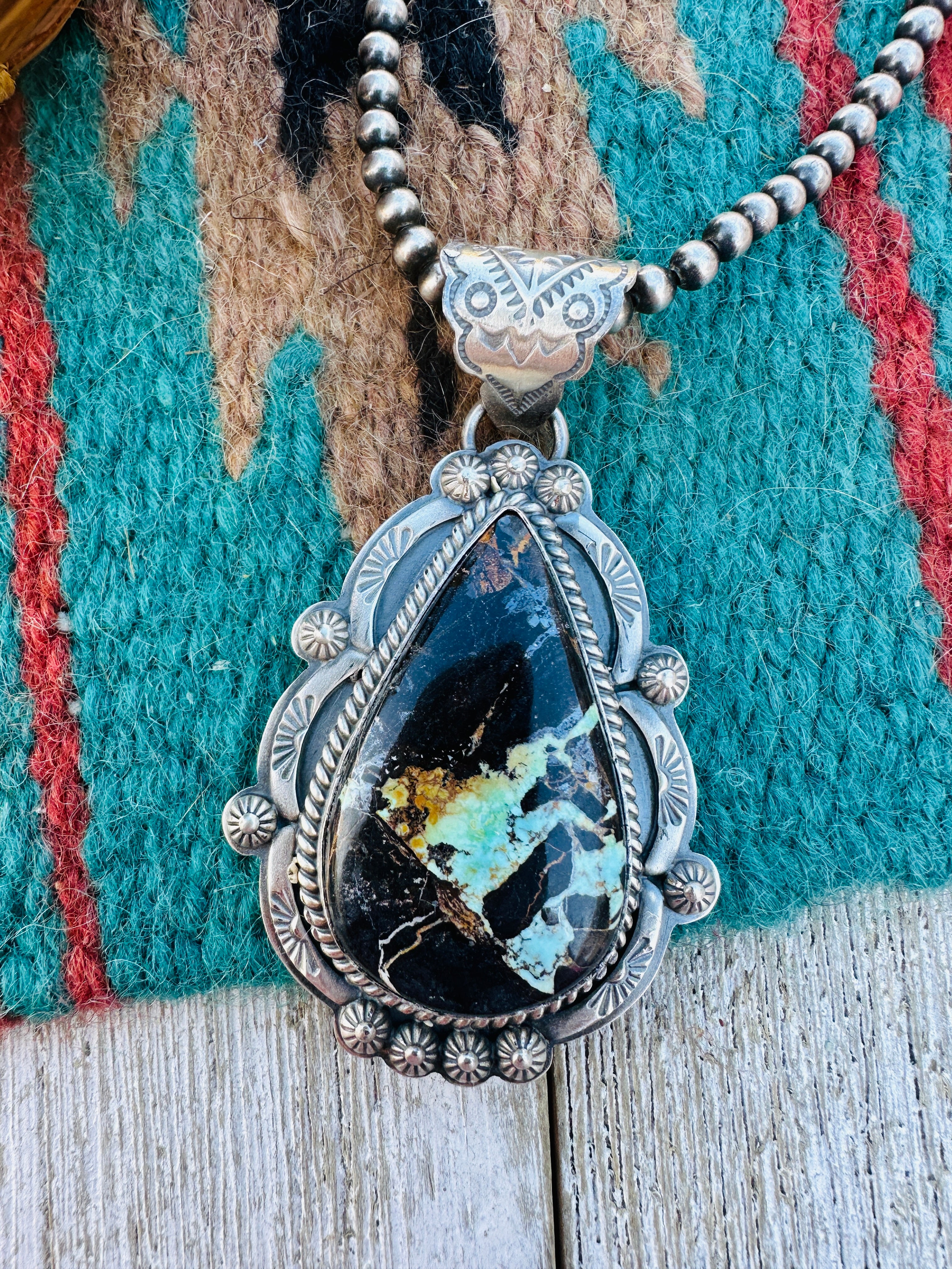Handcrafted Sterling Silver & Blackjack Turquoise Pendant