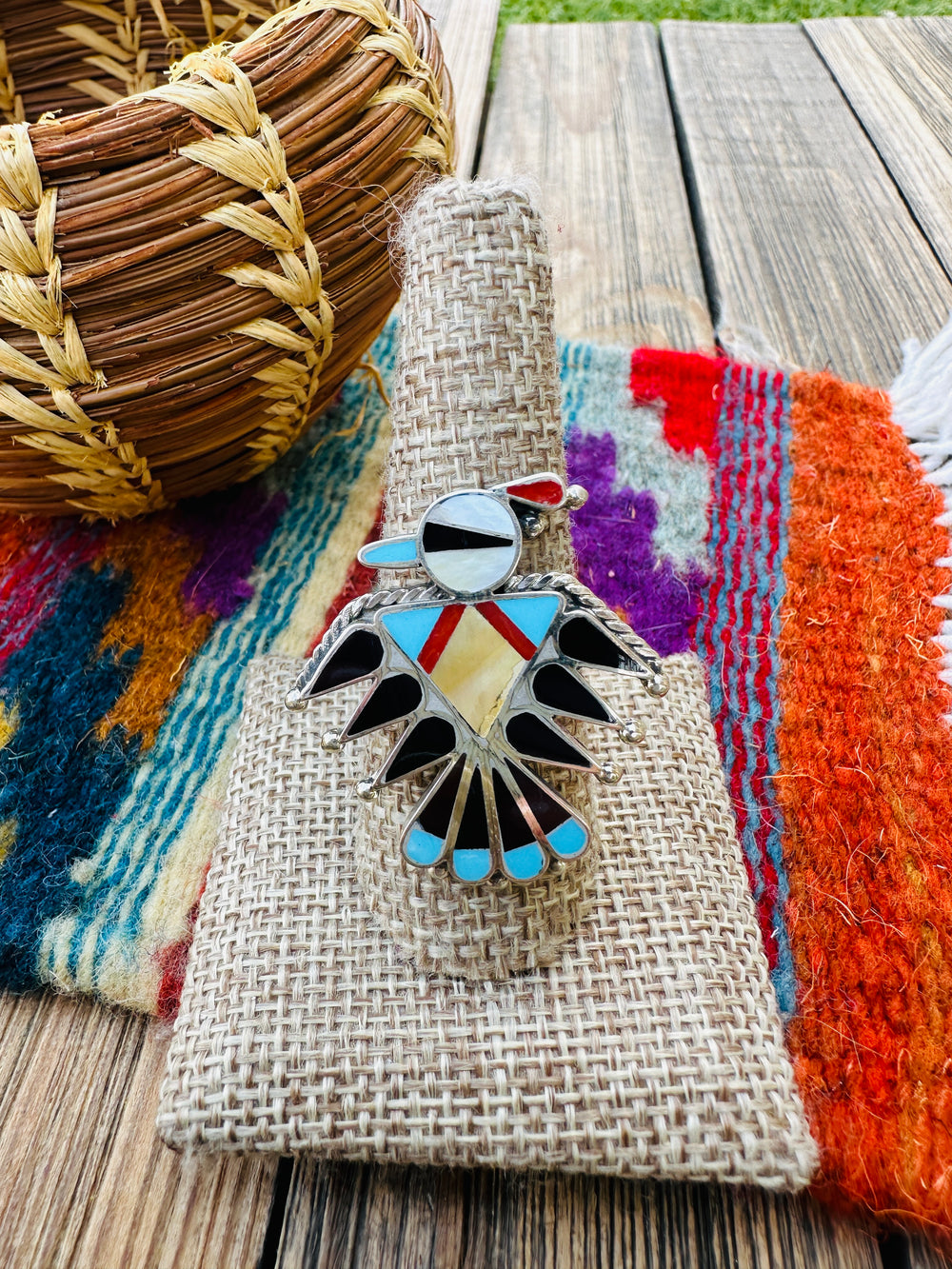 Old Pawn Handcrafted Multi Stone & Sterling Silver Thunderbird Ring Size 9.5