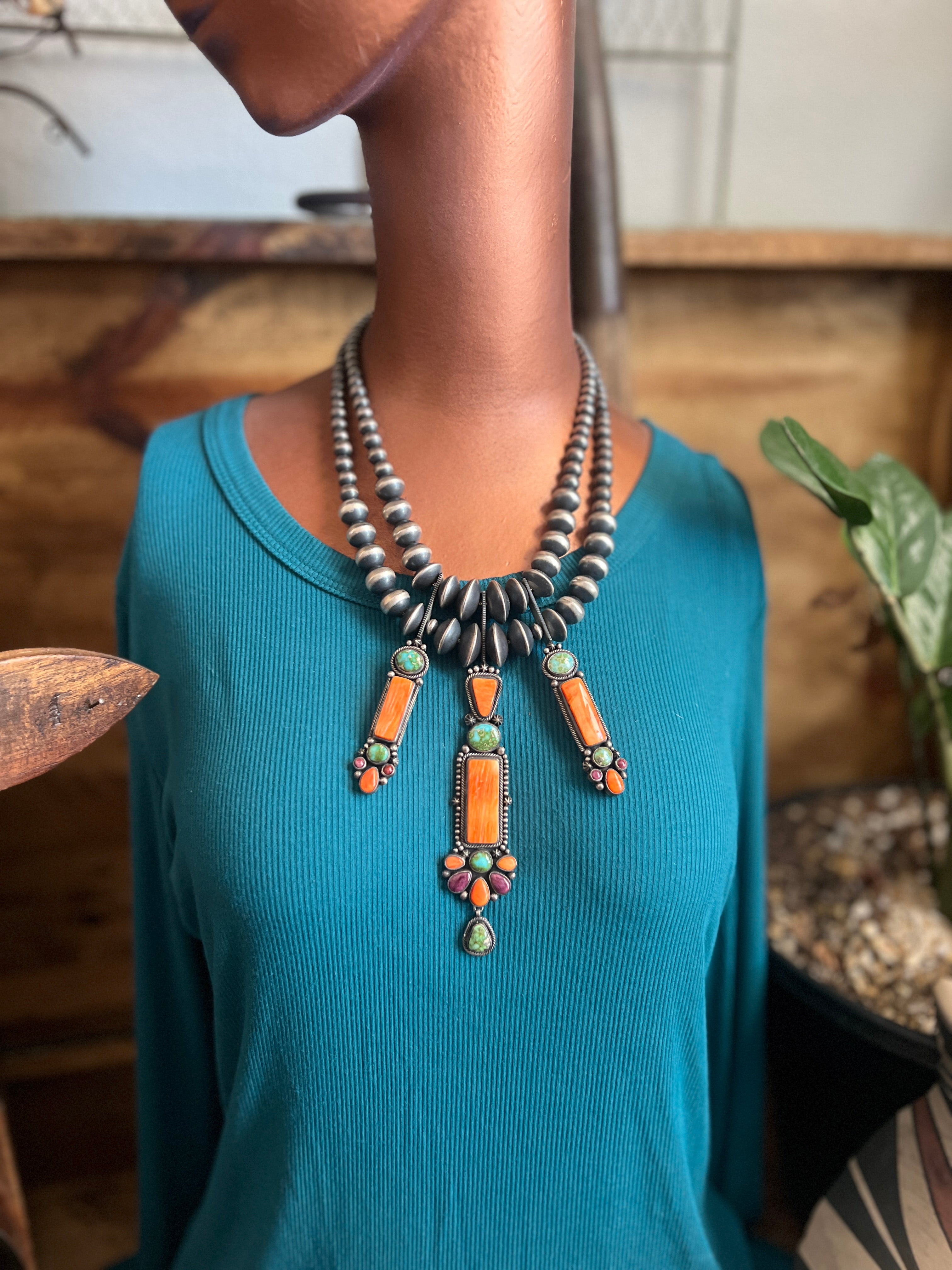 Electric Rainbow Sterling Silver, Sonoran Gold Turquoise and Spiny Oyster Beaded Necklace and Earrings Set by Bernyse Chavez