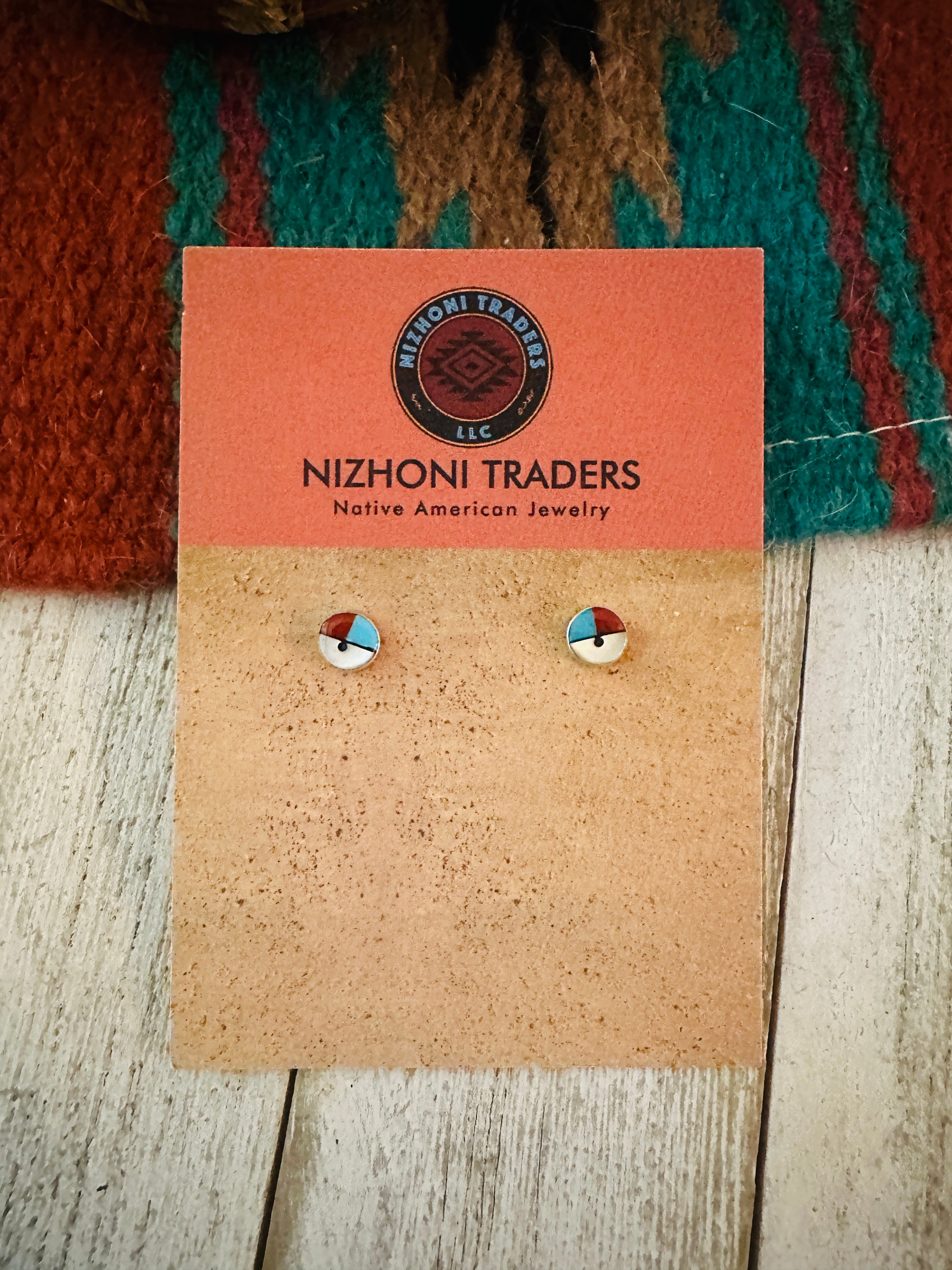 Zuni Sun Face Multi Stone & Sterling Silver Inlay Stud Earrings