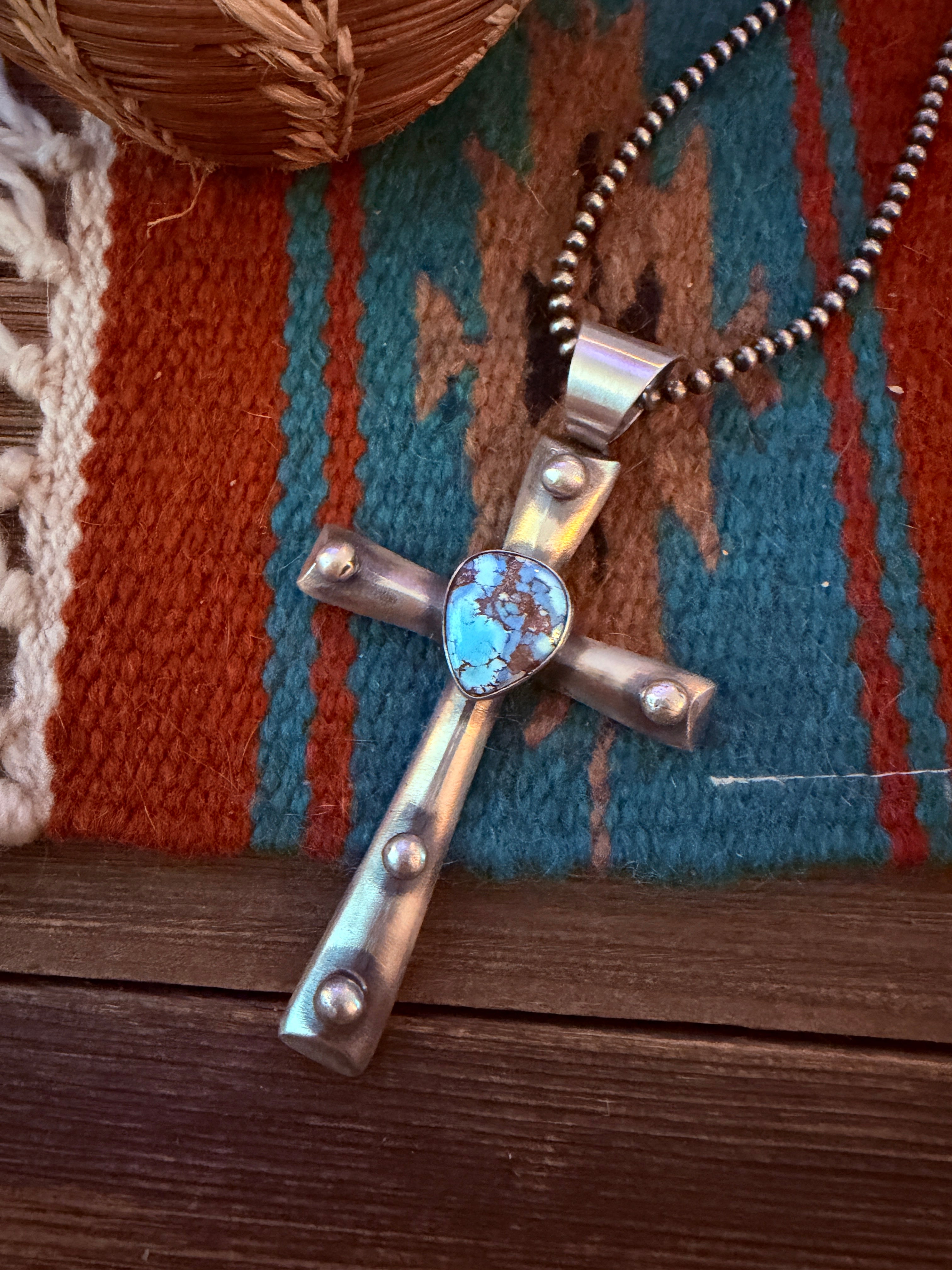 Handcrafted Golden Hills Turquoise & Sterling Silver Cross Pendant by Chimney Butte