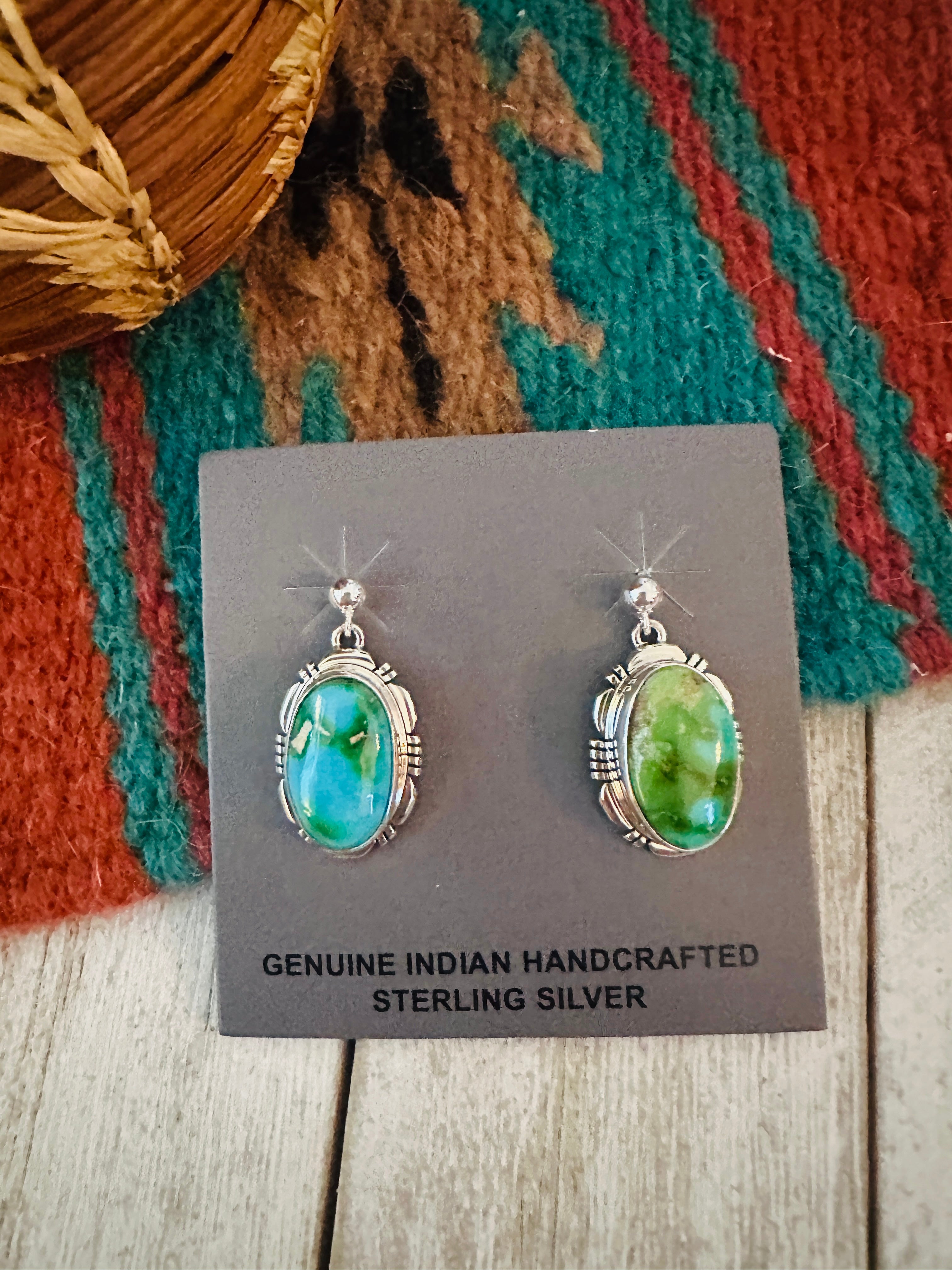 Navajo Sonoran Gold Turquoise & Sterling Silver Dangle Earrings