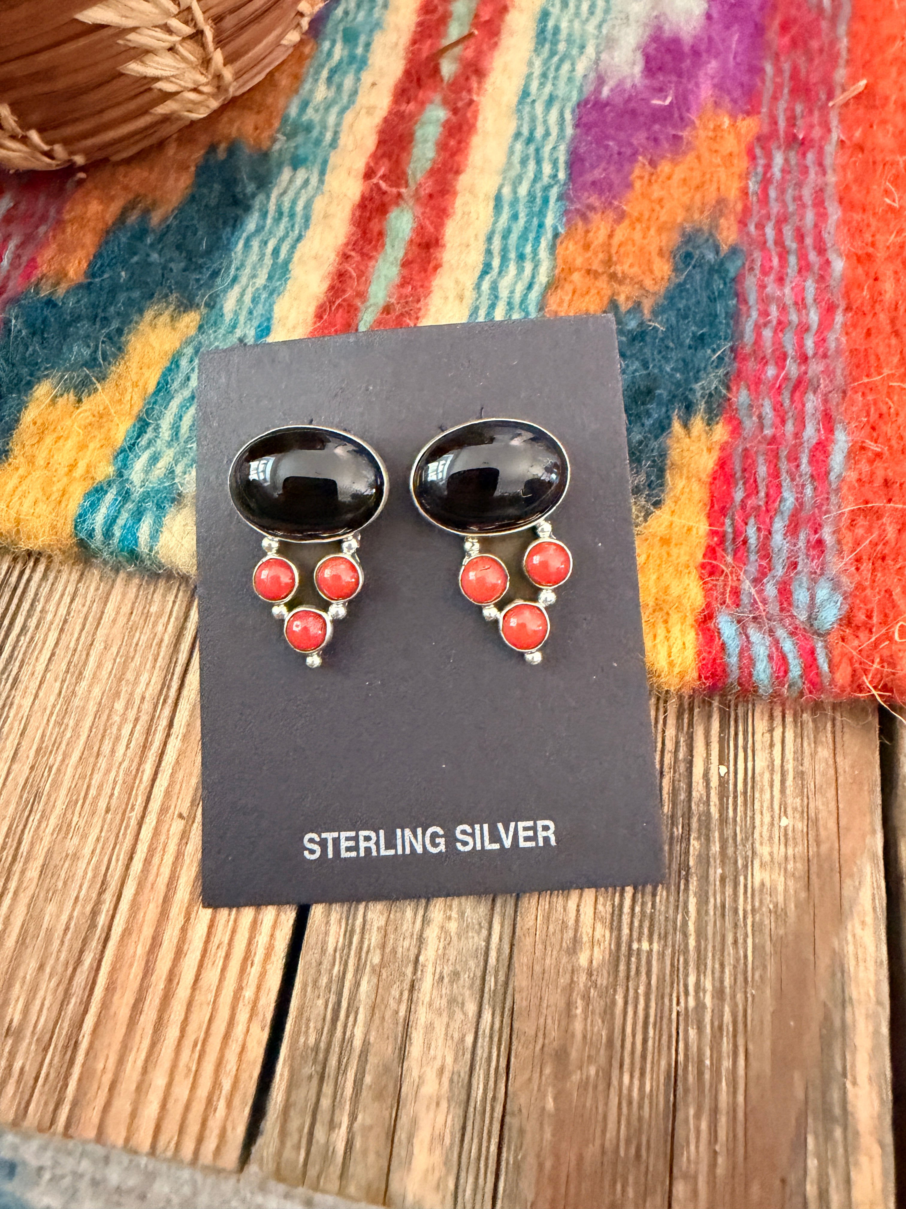 Handcrafted Onyx, Coral & Sterling Silver Post Earrings