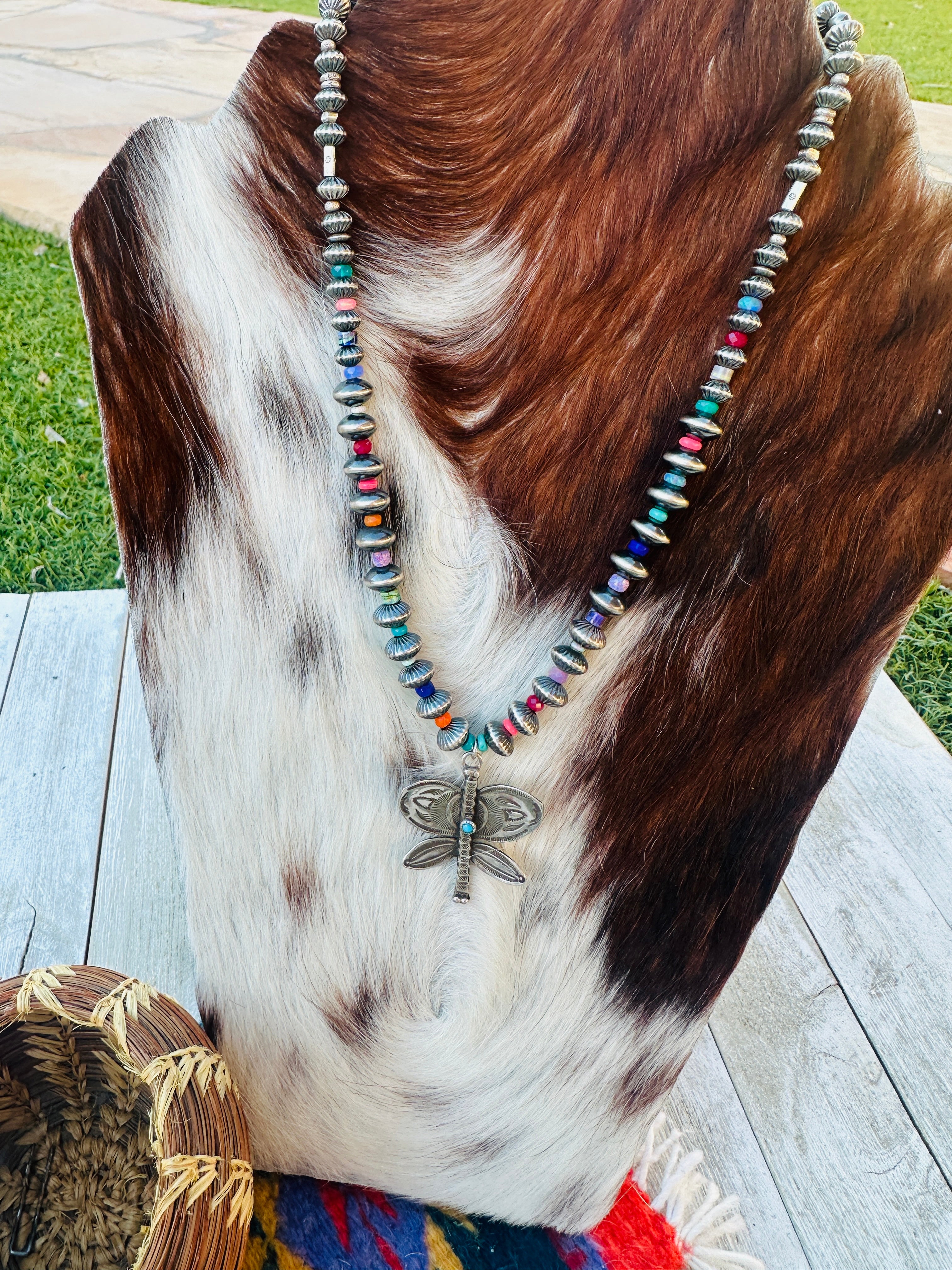 Handcrafted Multi Stone & Sterling Silver Pearl Beaded Dragonfly Necklace