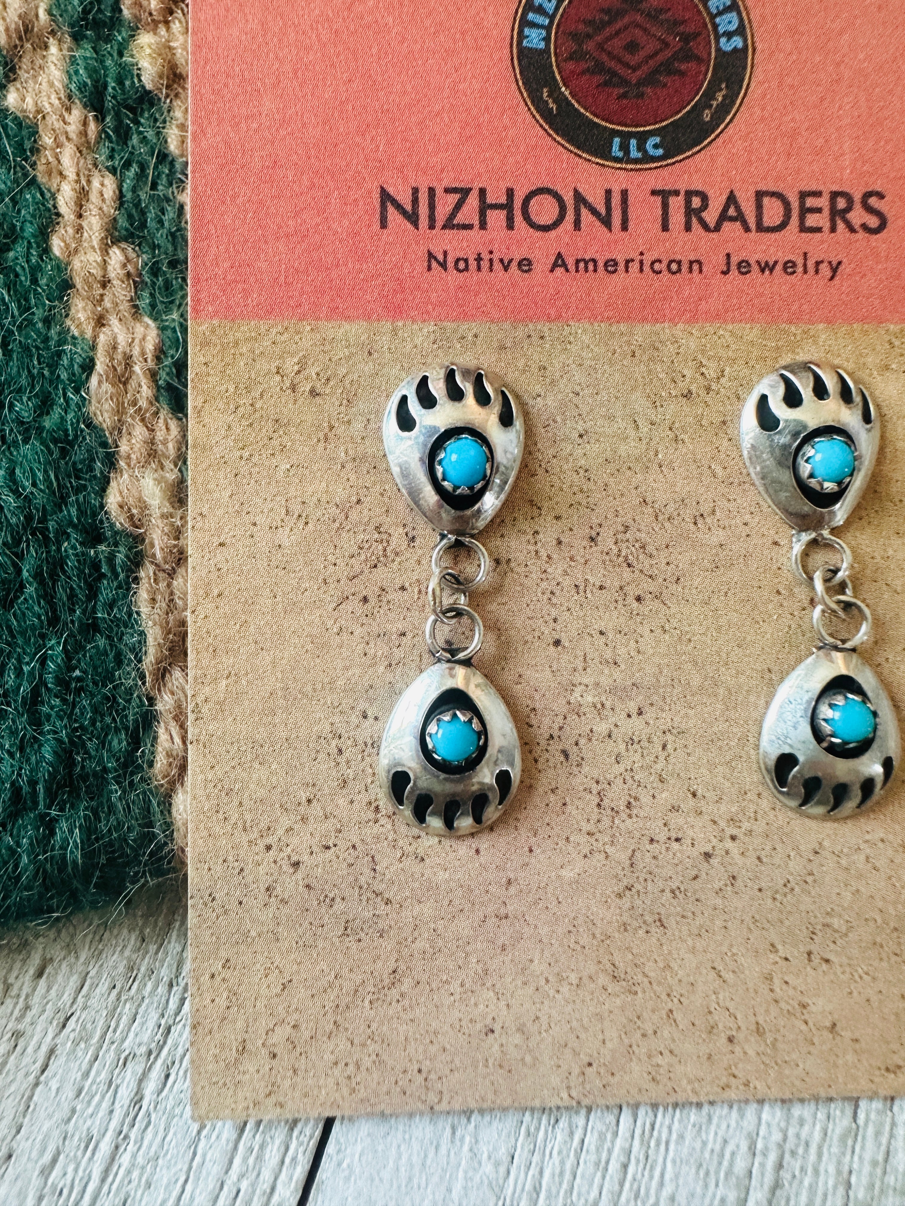 Navajo Turquoise & Sterling Silver Bear Paw Dangle Earrings