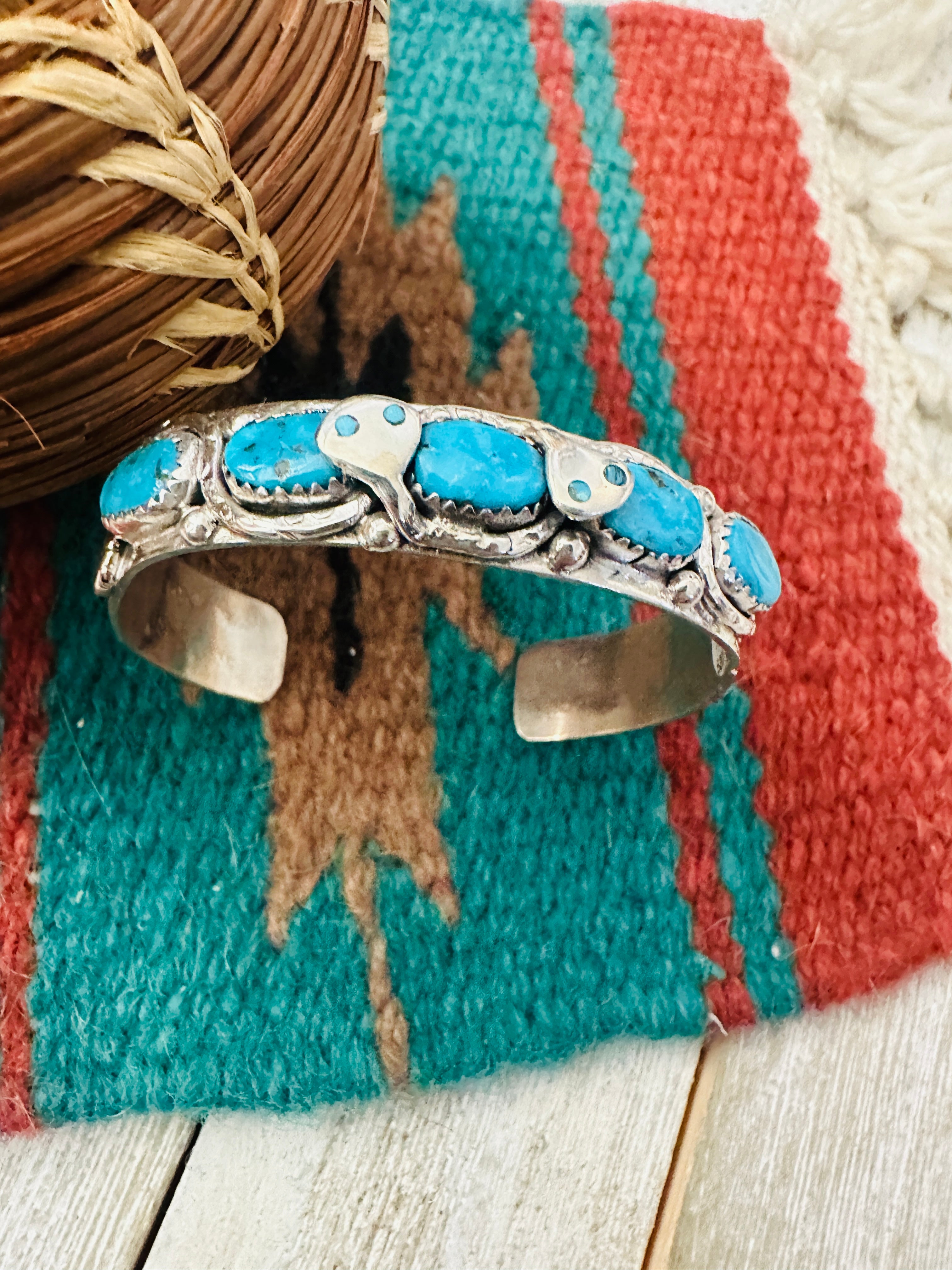 Zuni Sterling Silver & Turquoise Cuff Bracelet by Effie Calavaza