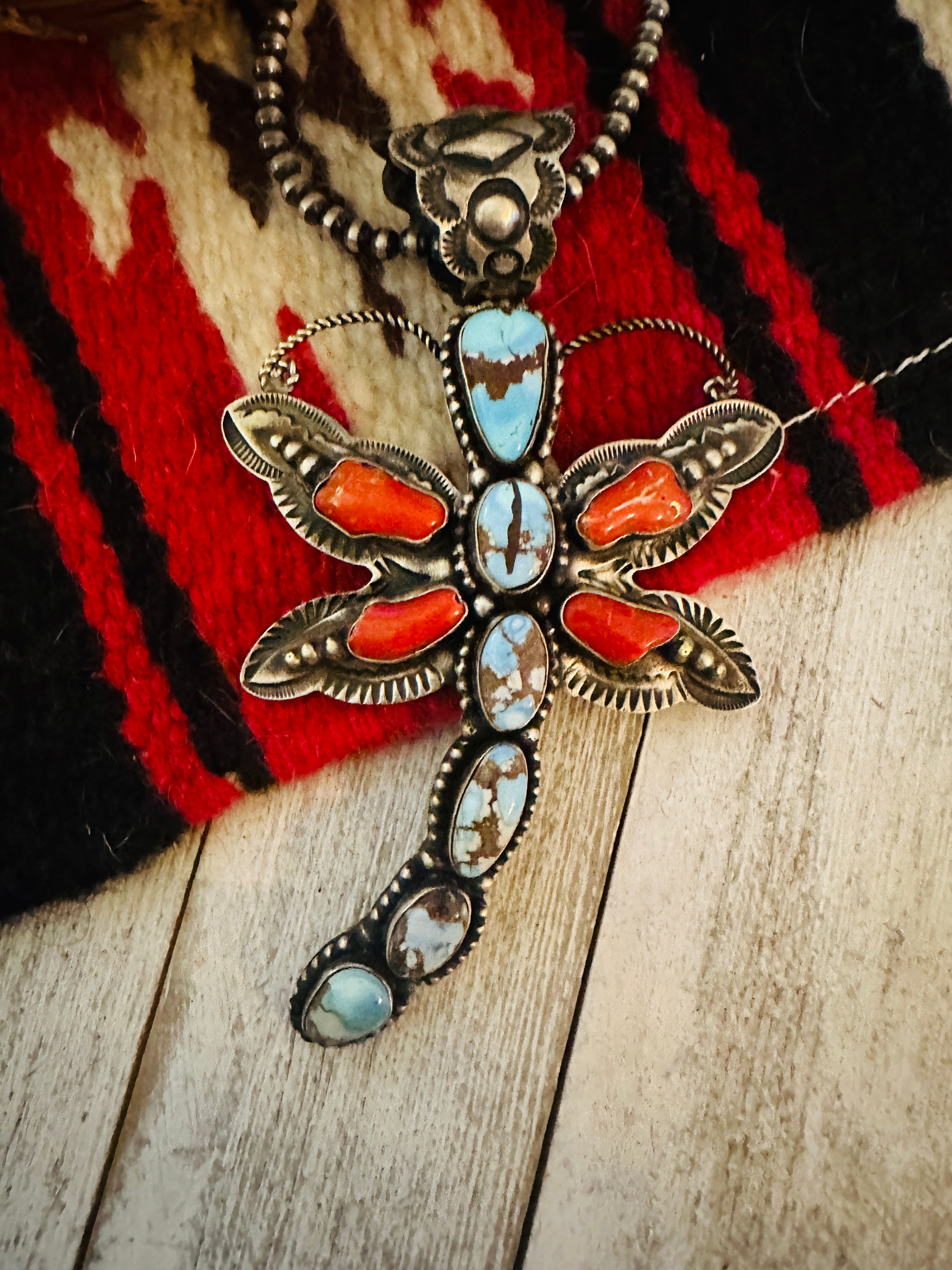 Navajo Turquoise, Coral & Sterling Silver Dragonfly Pendant By Shawn Cayatineto