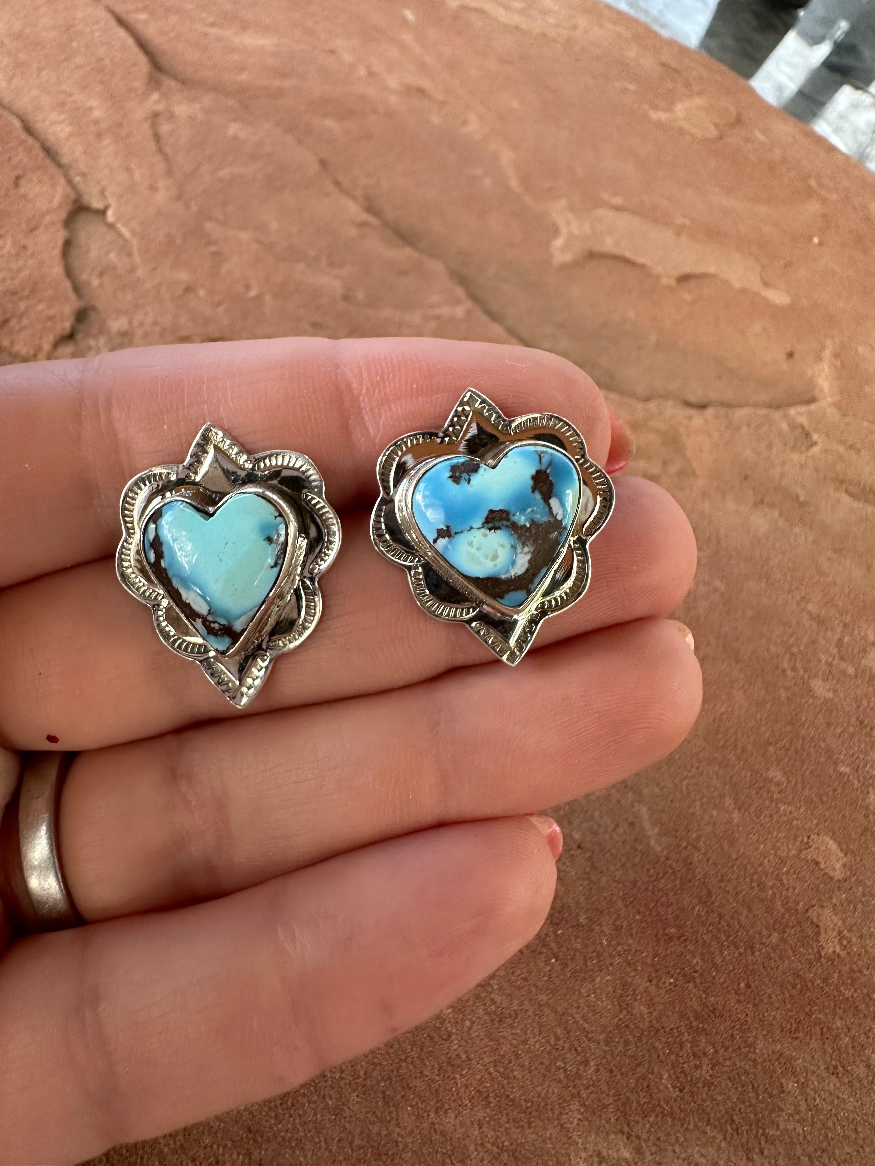 Handmade Golden Hills Turquoise and Sterling Silver Heart Post Earrings