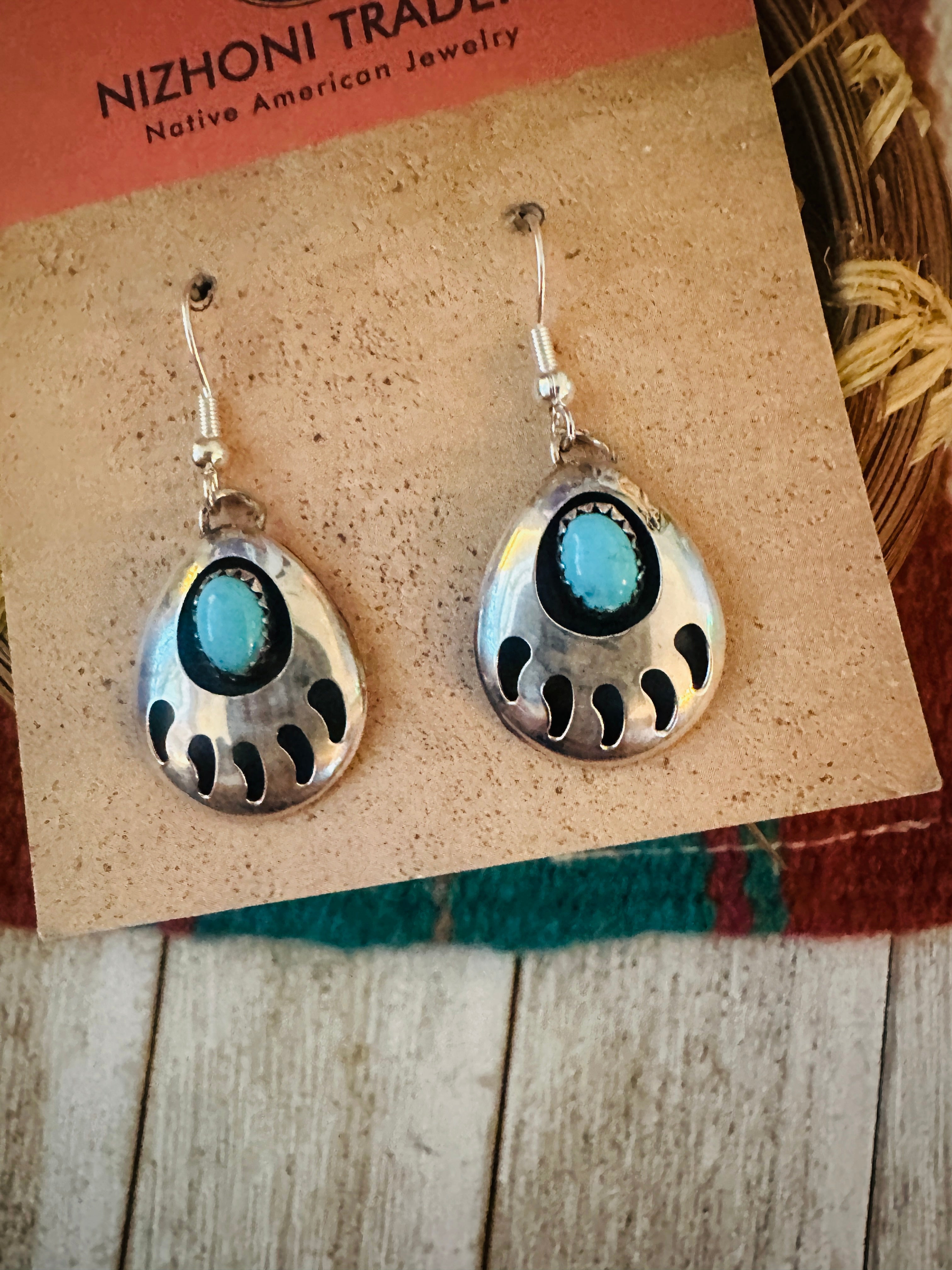 Handcrafted Old Pawn Sterling Silver & Turquoise Bear Paw Dangle Earrings