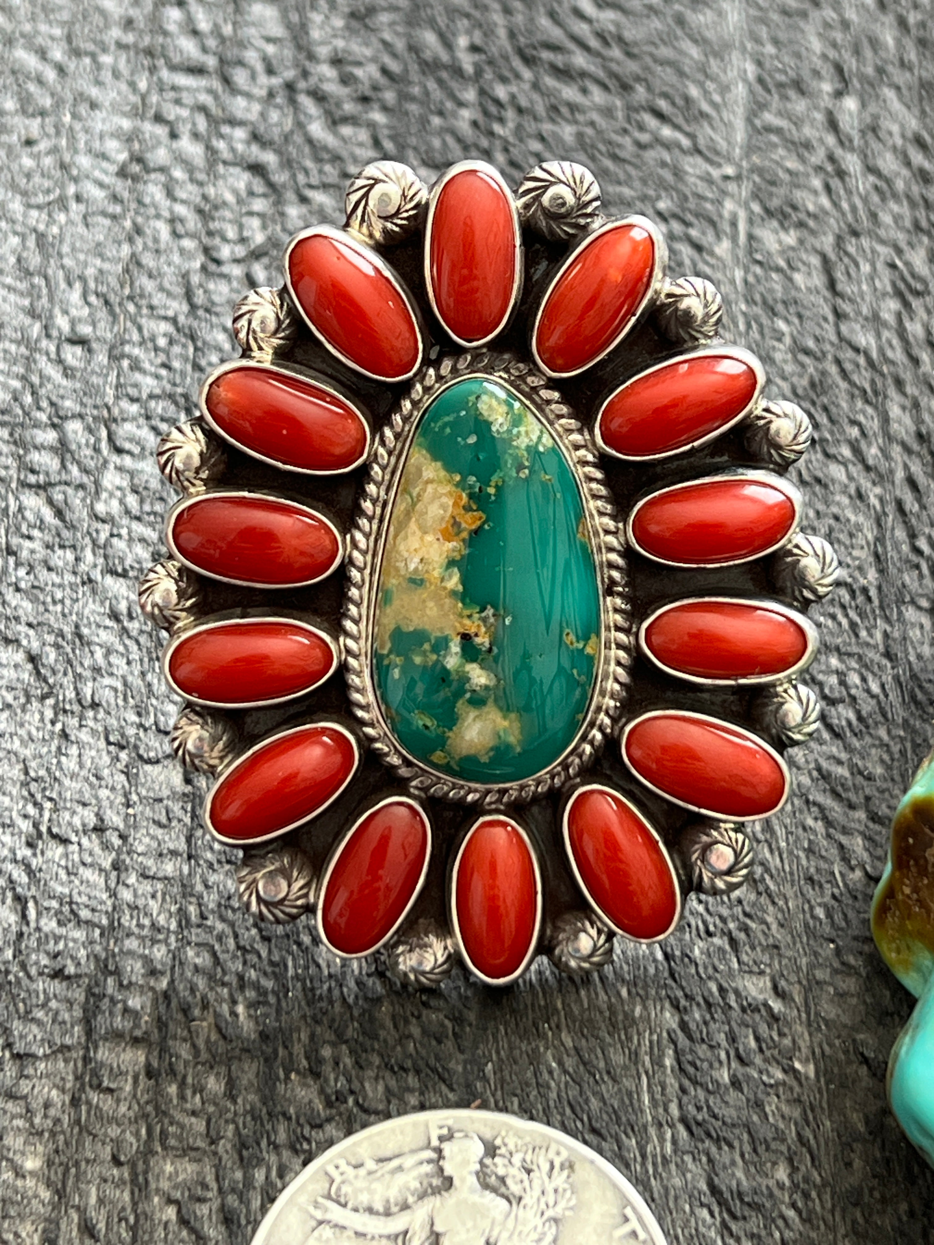 Handcrafted Sterling Silver, Royston Turquoise and Mediterranean Coral Cluster Ring by Tyler Brown, Adjustable