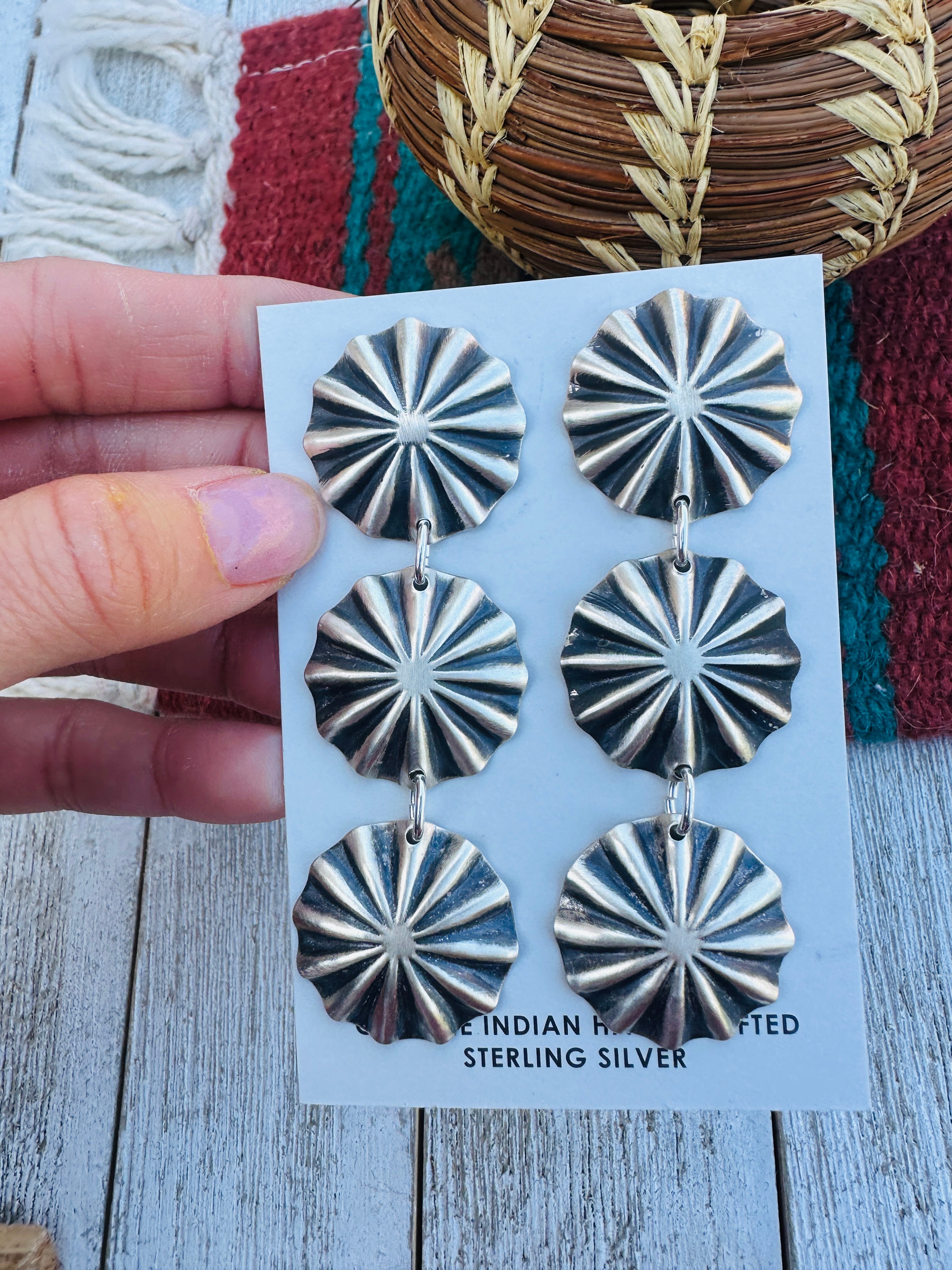 Handcrafted Hand Stamped Sterling Silver Concho Dangle Earrings