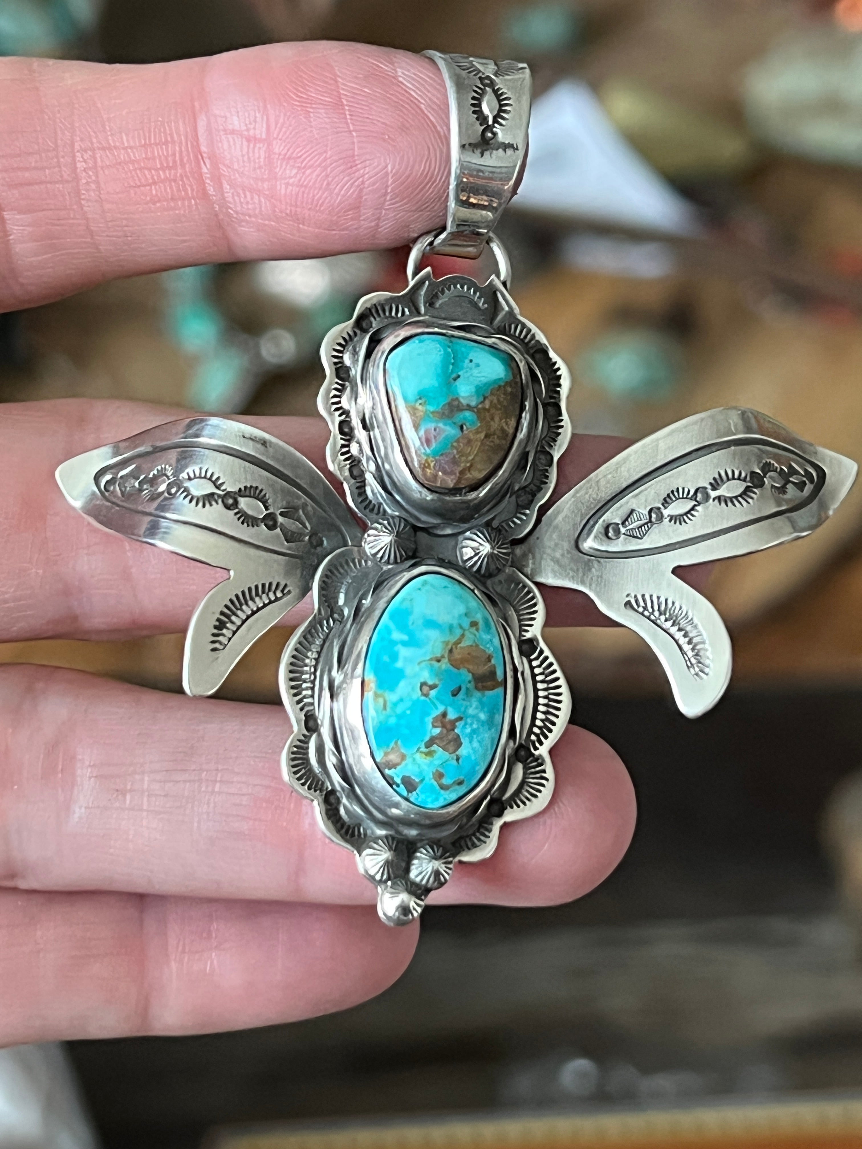 Handcrafted Kimari Somers Sterling Silver and Turquoise Winged Bug Pendant