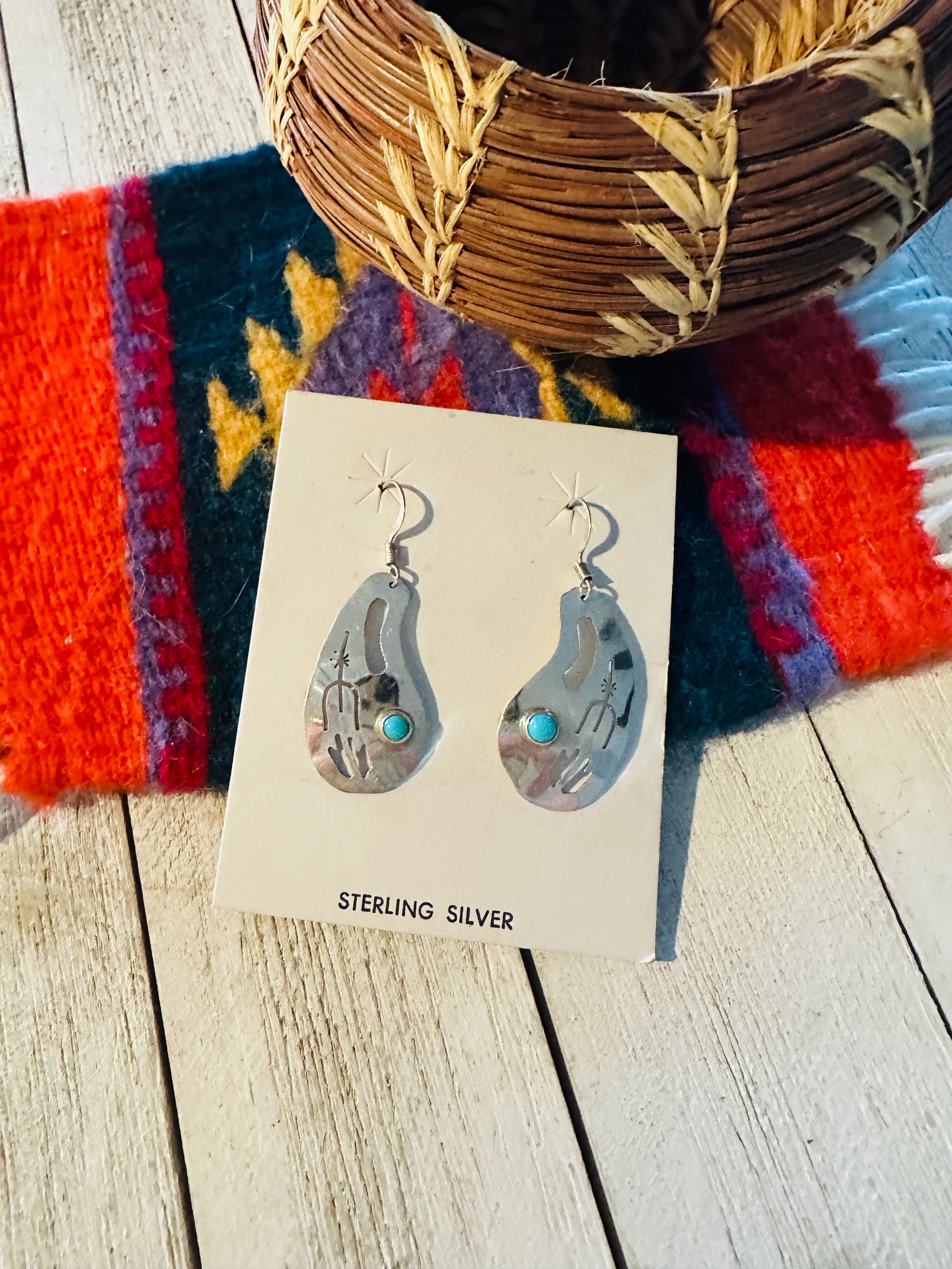 Navajo Hand Stamped Sterling Silver & Turquoise Dangle Earrings