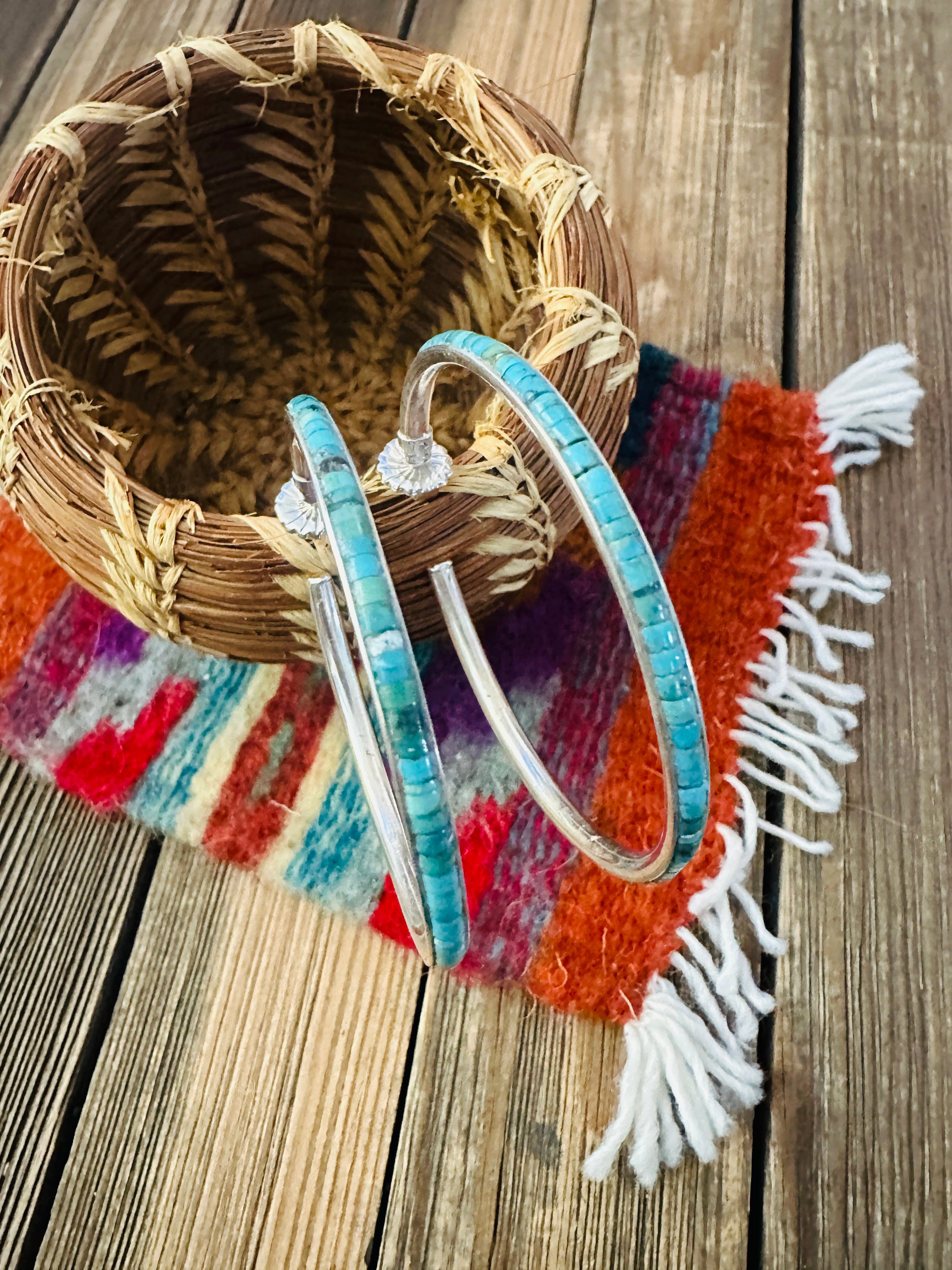 Handcrafted Turquoise & Sterling Silver Hoop Earrings by Federico Jimenez