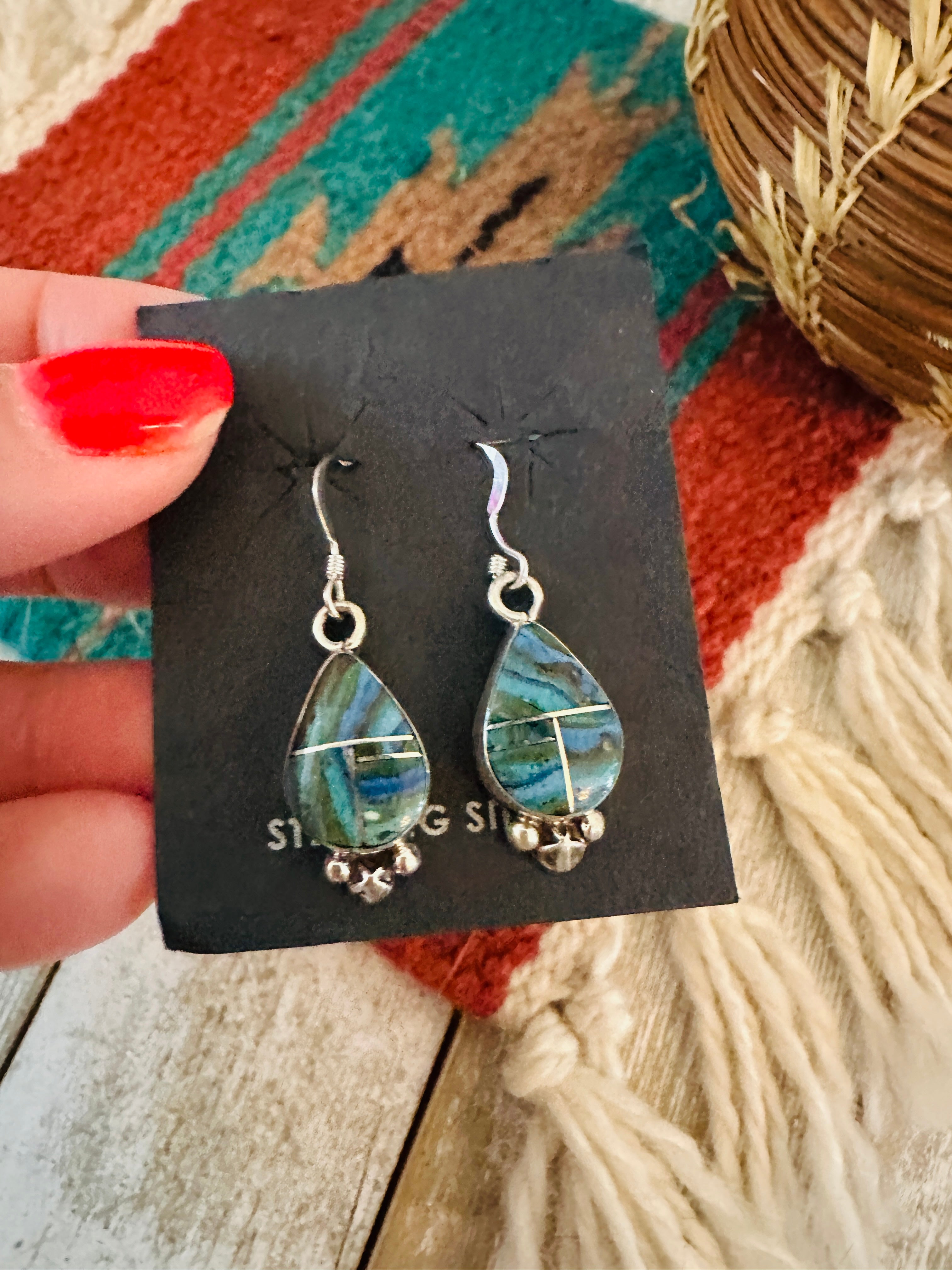 Navajo Rainbow Calsilica & Sterling Silver Inlay Dangle Earrings