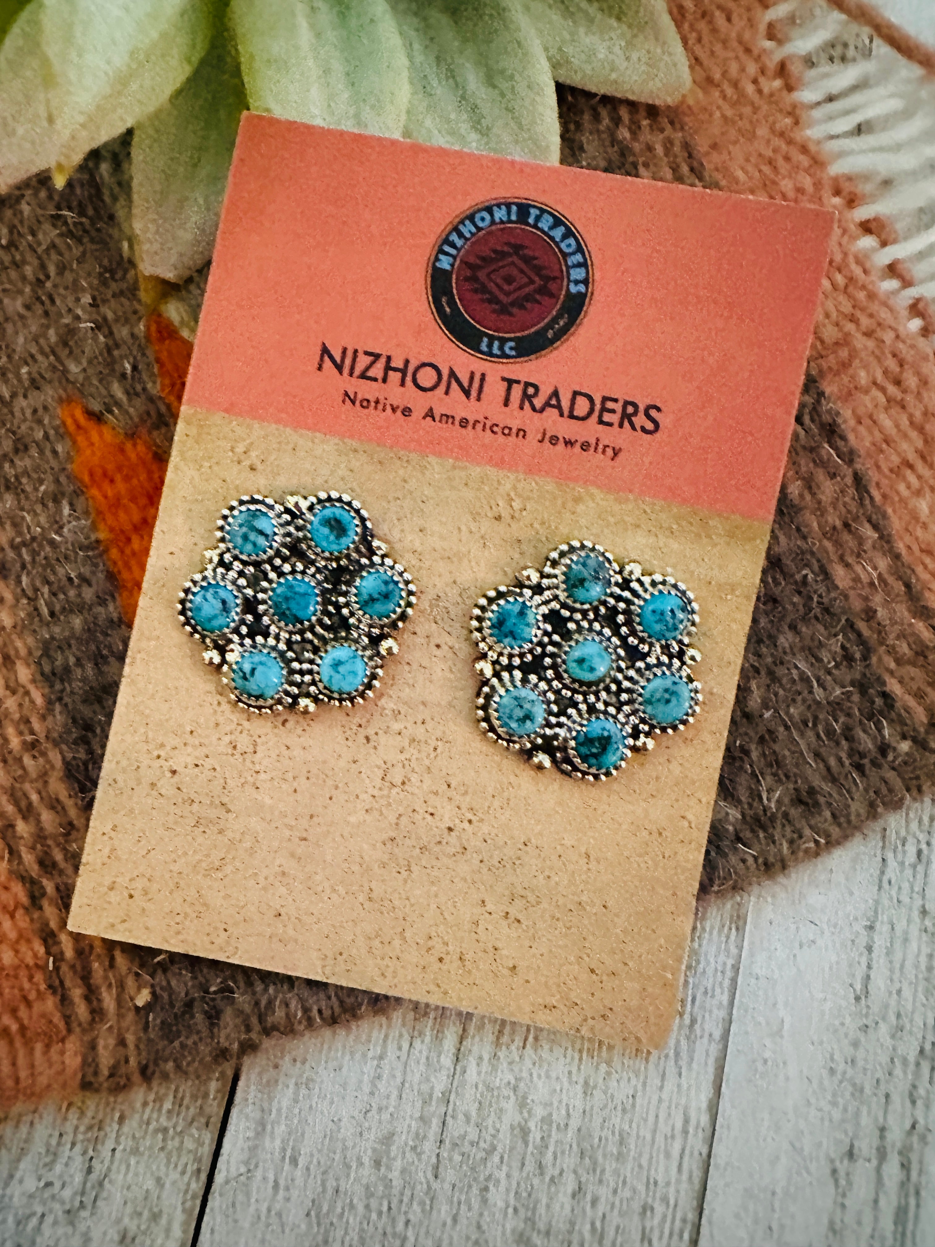 Navajo Sterling Silver & Kingman Turquoise Flower Cluster  Earrings