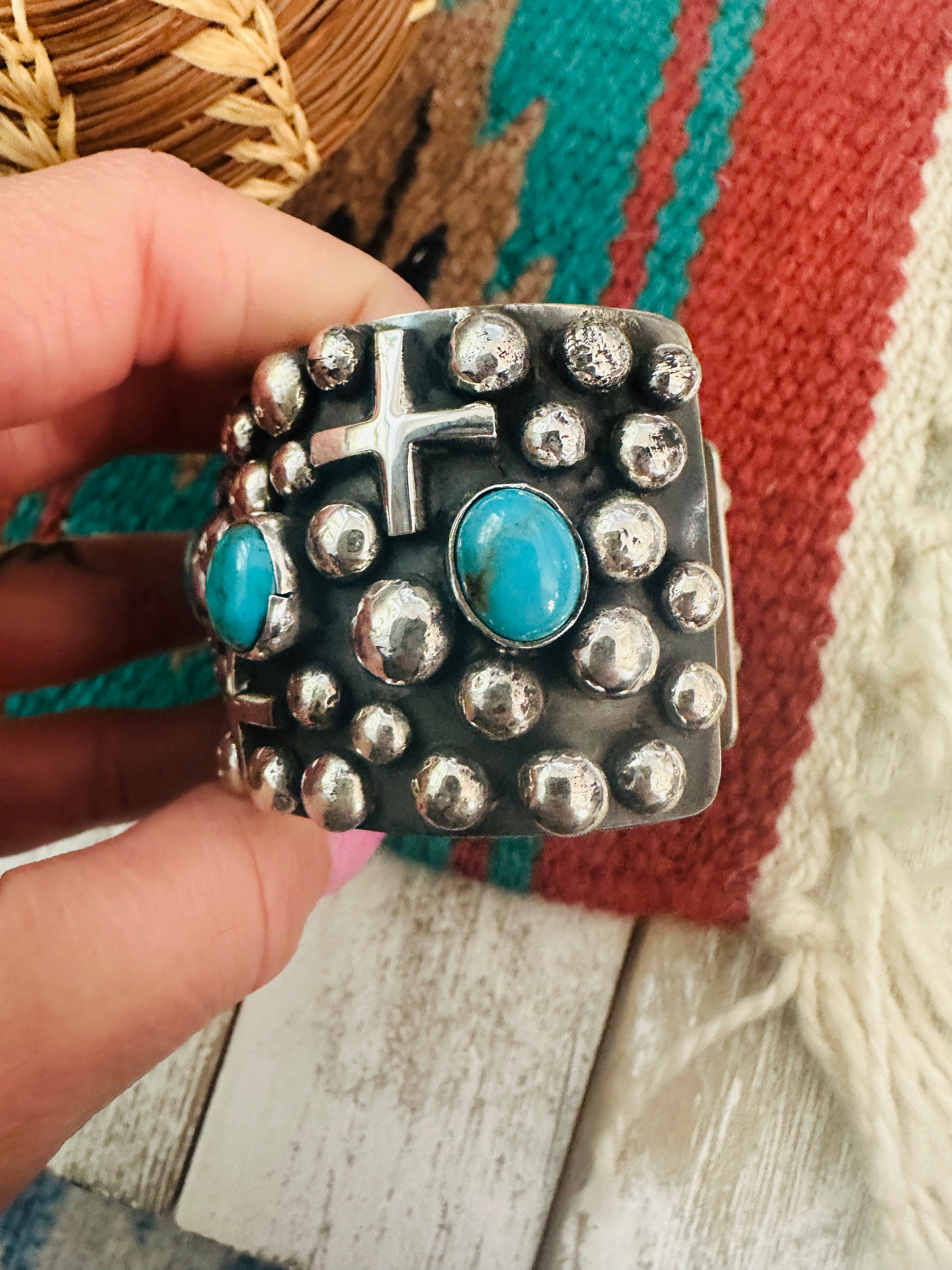 Bracelet - B560: Made with Turquoise Heishi stones, order Sterling Navajo pearls, Sterling Cross Charm