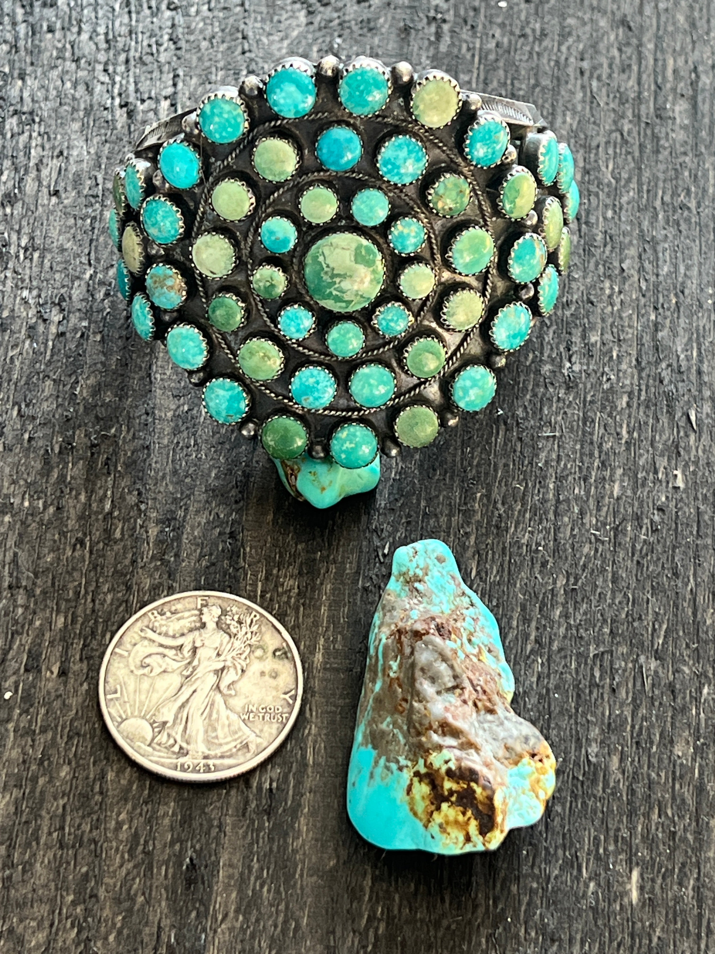 Handcrafted Vintage Sterling Silver and Fox Turquoise Cluster Cuff /