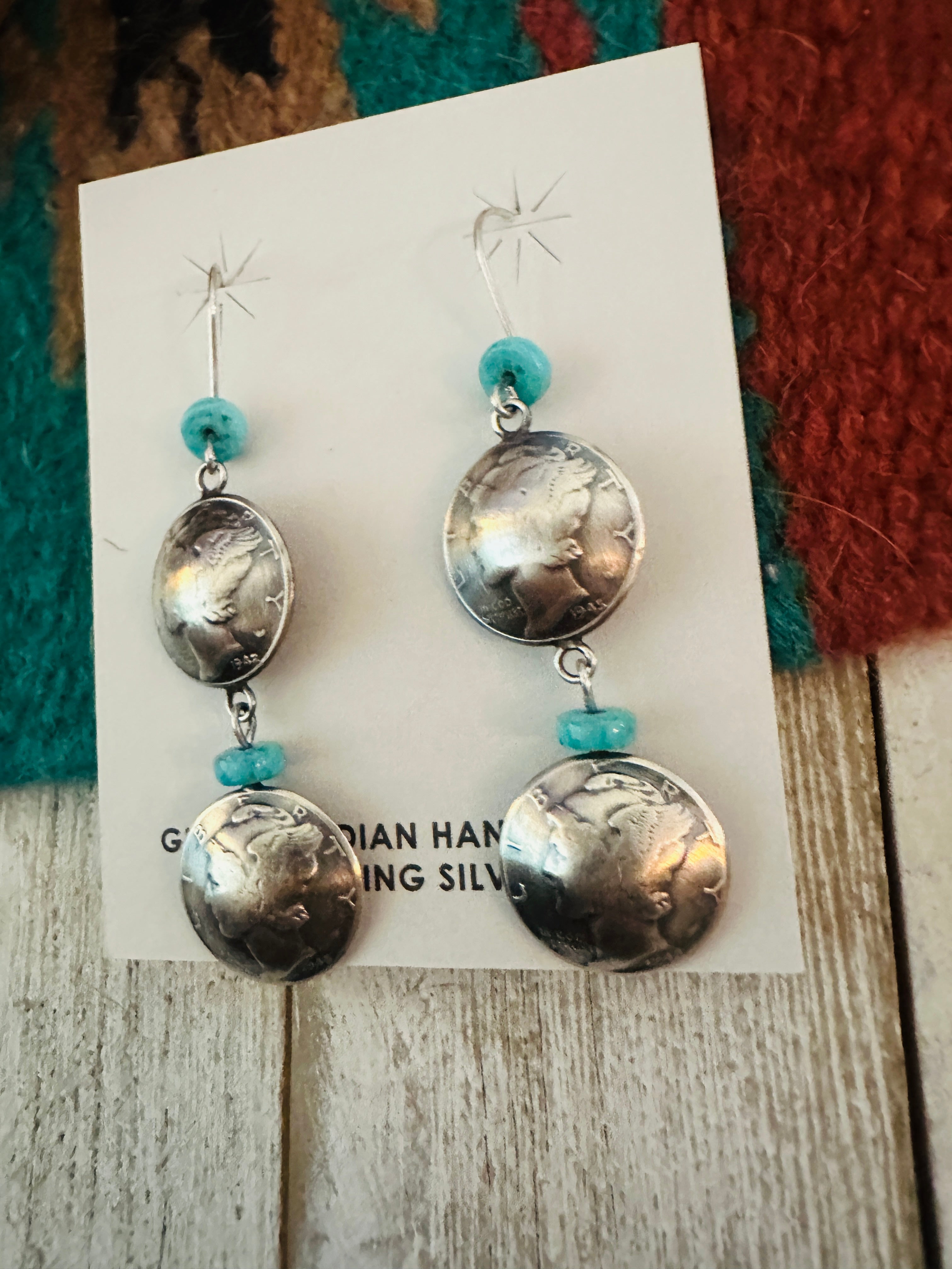 Navajo Turquoise & Sterling Silver  Liberty Dime Dangle Earrings