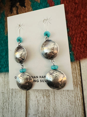 Handcrafted Turquoise & Sterling Silver  Liberty Dime Dangle Earrings