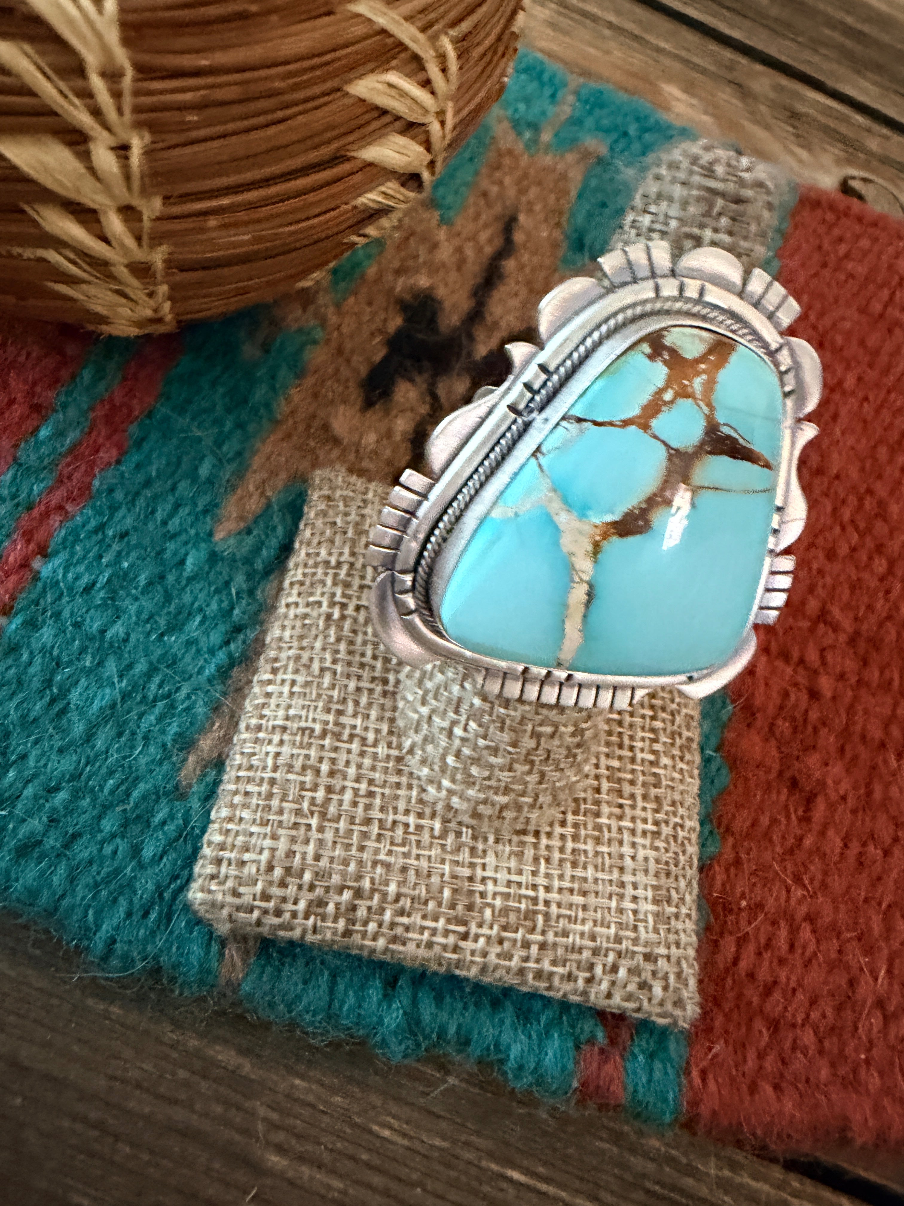 Handcrafted Golden Hills Turquoise & Sterling Silver Ring Size 8 by Daniel Benally