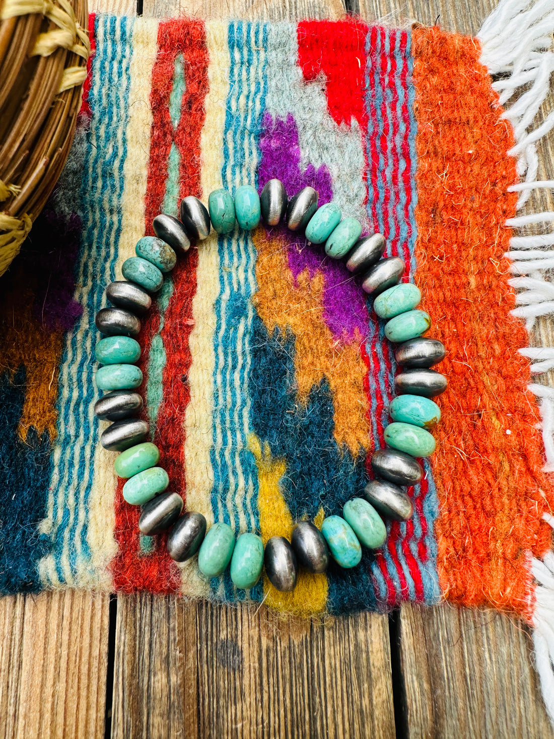 Handcrafted Turquoise & Sterling Silver Saucer Bead Stretch Bracelet