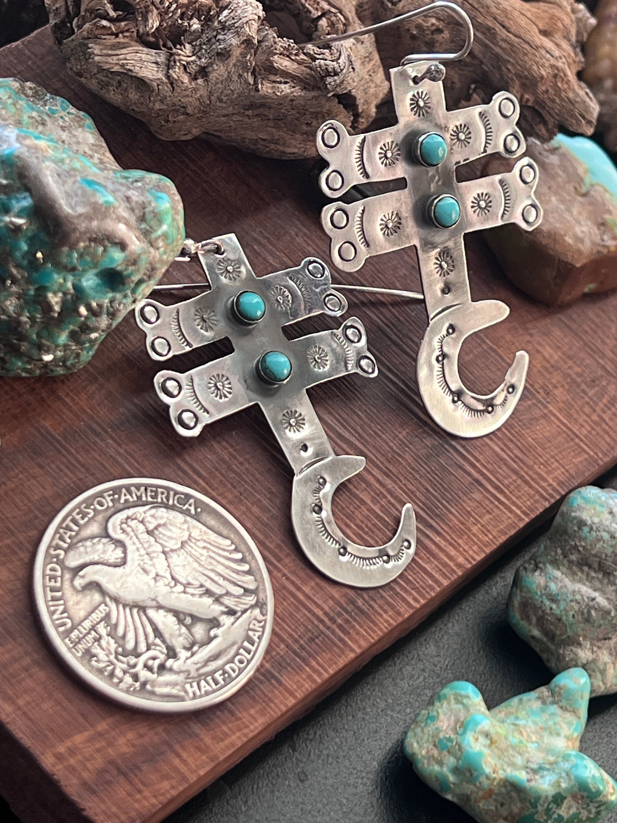 Hand Stamped Sterling Silver Dragonfly Cross Crescent Moon Dangle Earrings with Kingman Turquoise by Kimari Somers, Shaped Bars