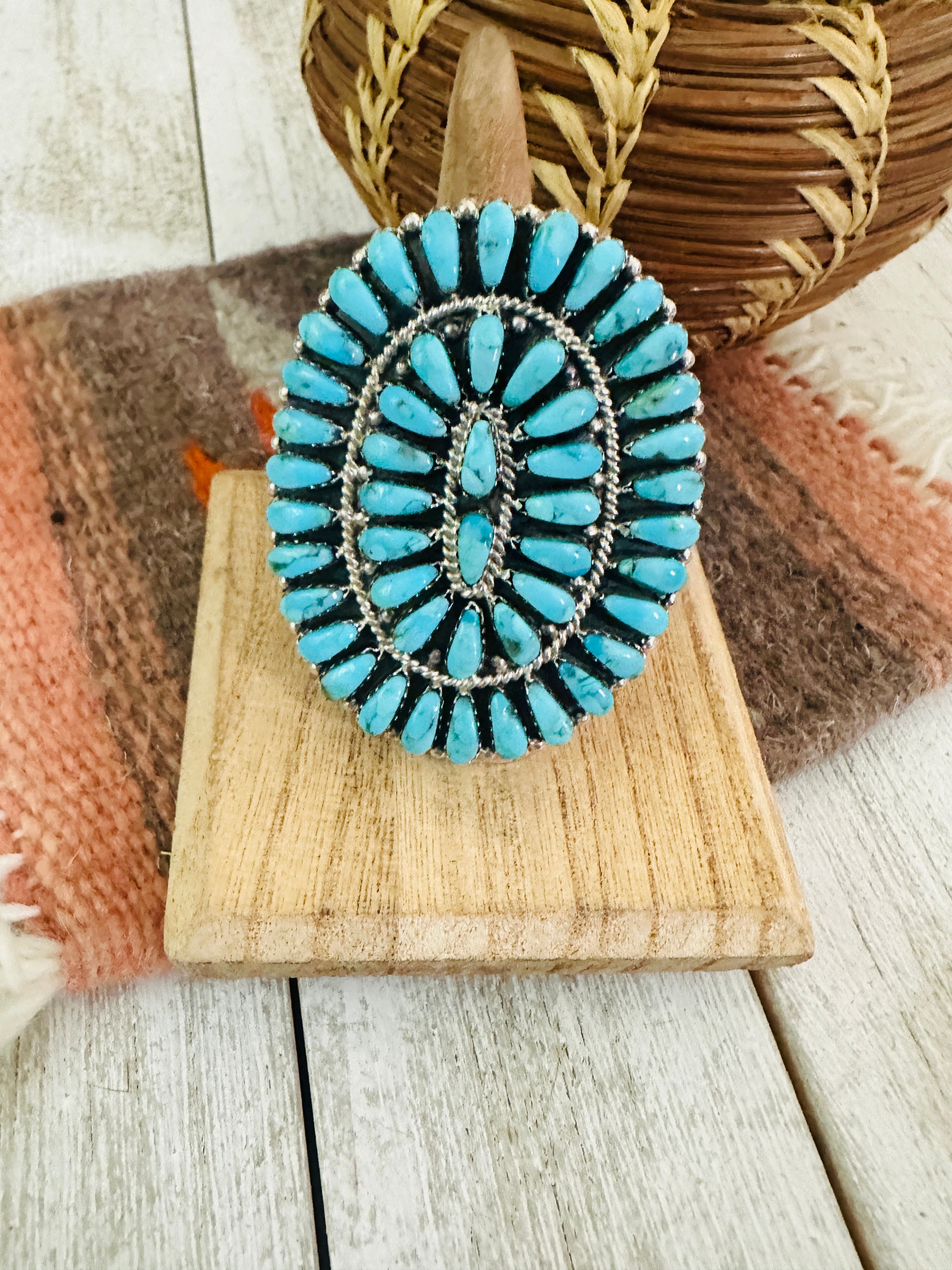 Navajo Turquoise & Sterling Silver Cluster Adjustable Ring