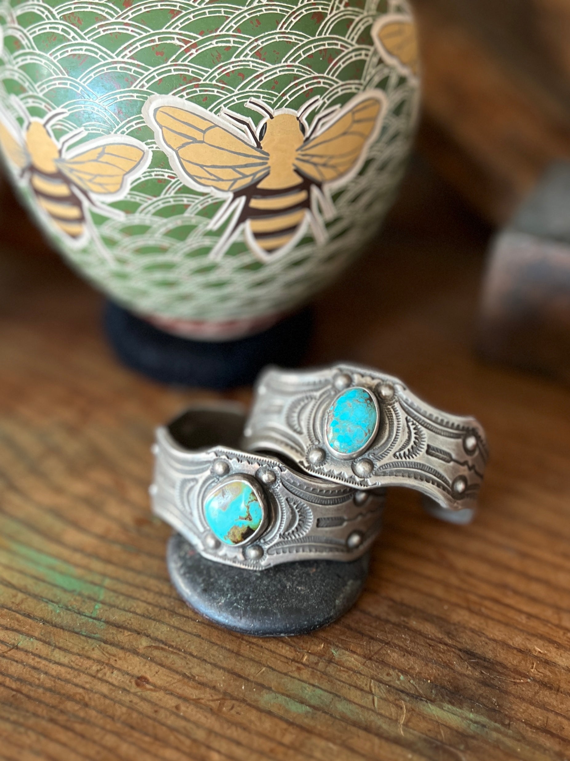 Hand Forged Old Pawn Sterling Silver & Turquoise Ingot Cuff Bracelets by Santa Fe Artist, Buffalo: The Twins